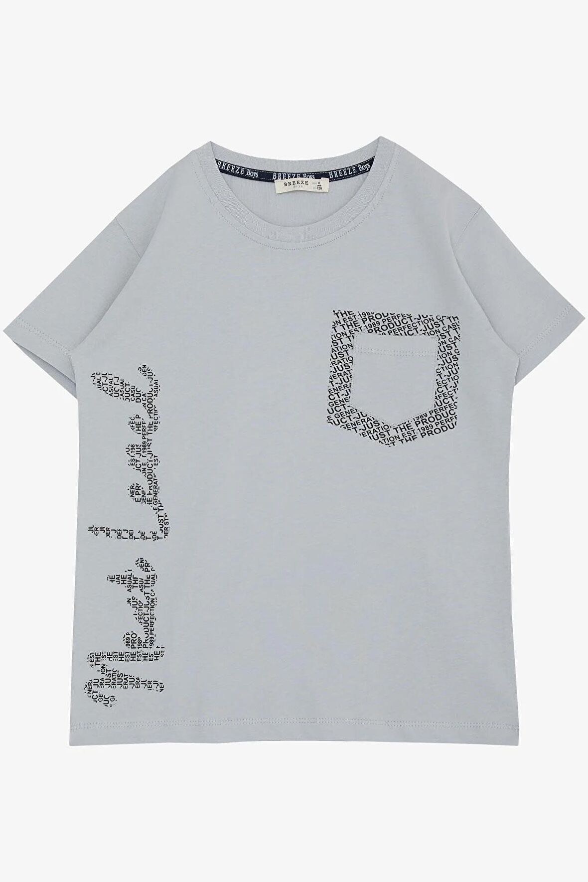 BREEZE Erkek Çocuk Tişört Yazı Baskılı Cepli 8-12 Yaş, Gri