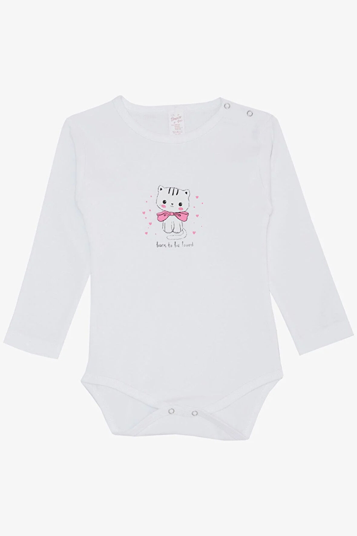 Breeze Kız Bebek Çıtçıtlı Zıbın Body Sevgi Temalı Kedicik Baskılı 9 Ay-3 Yaş, Beyaz
