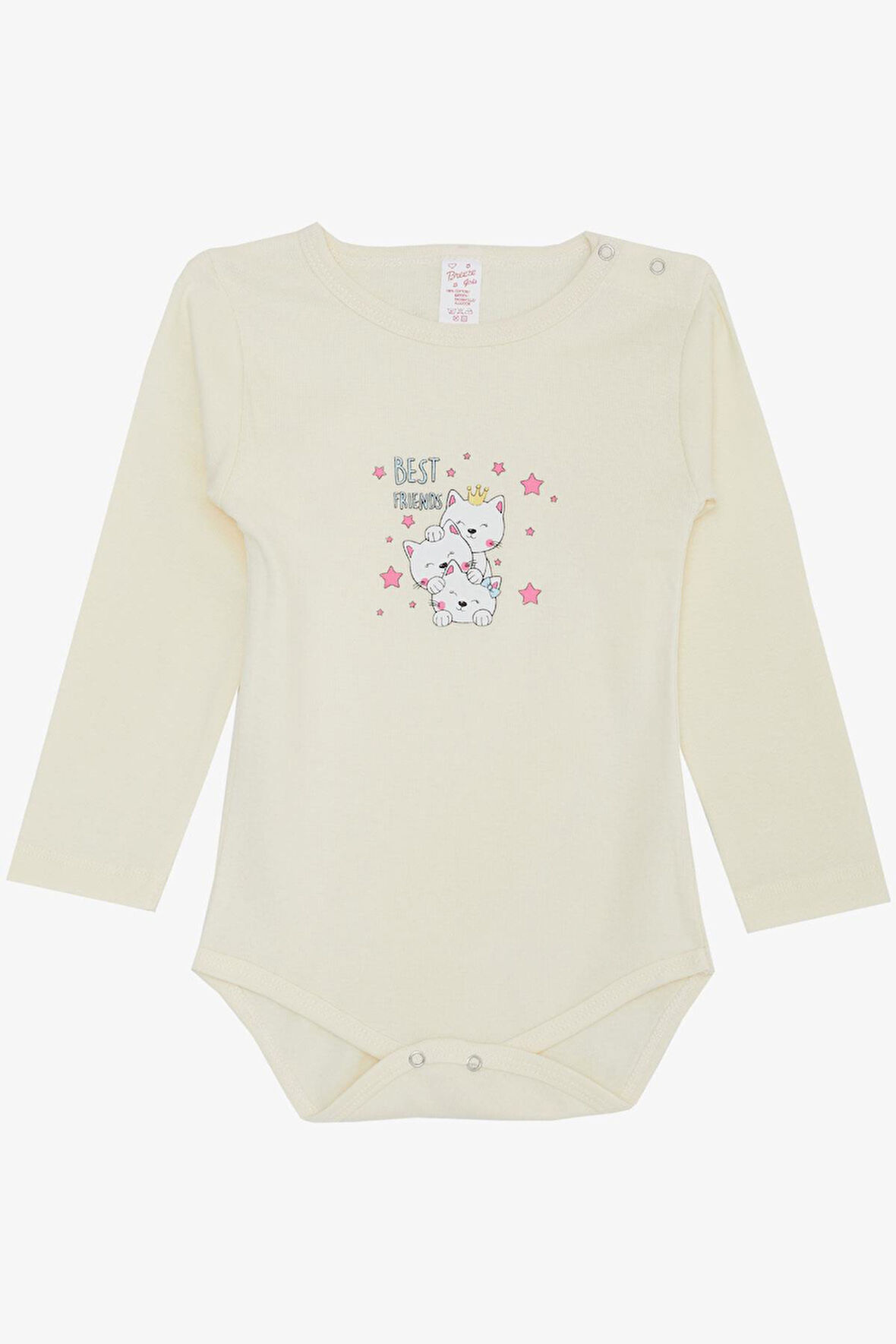 Breeze Kız Bebek Çıtçıtlı Zıbın Body Dostluk Temalı Prenses Kedicikler Baskılı 9 Ay-3 Yaş, Krem