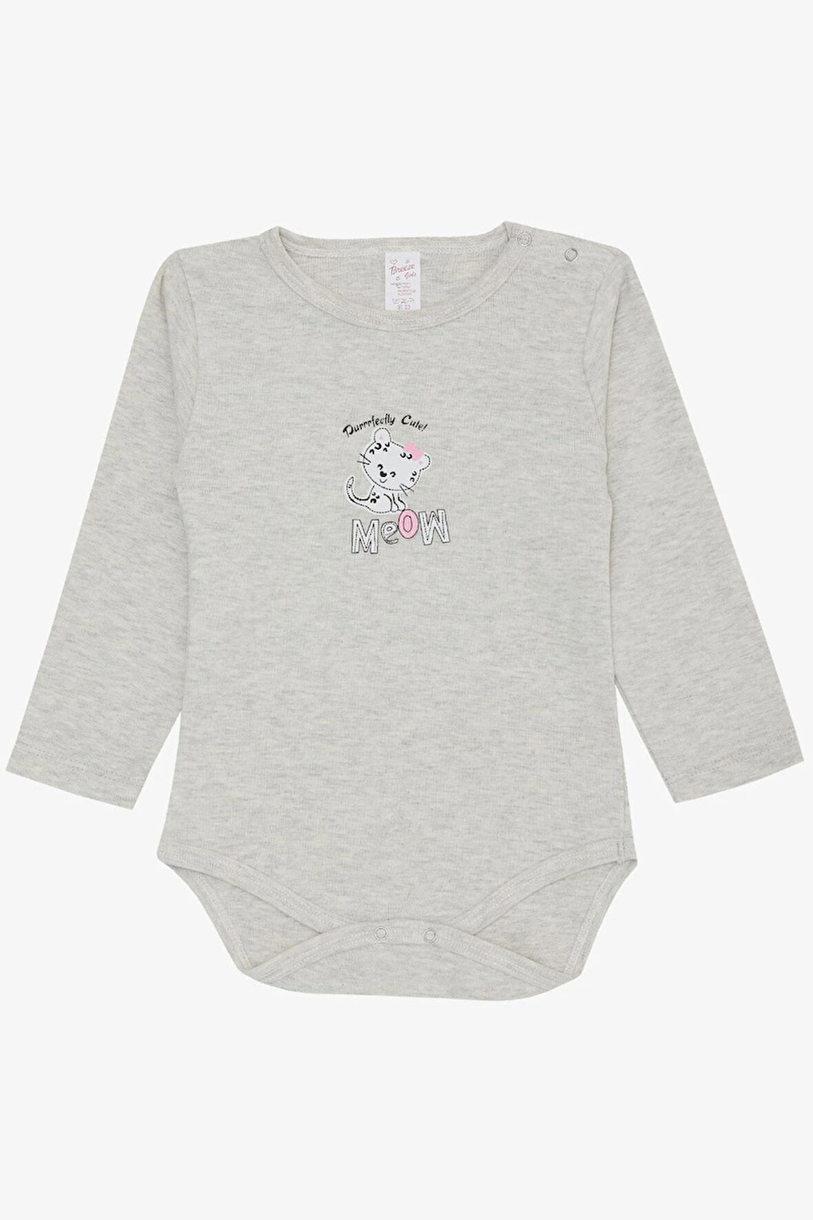 Breeze Kız Bebek Çıtçıtlı Zıbın Body Sevimli Bebek Kedicik Baskılı 9 Ay-3 Yaş, Açık Gri Melanj