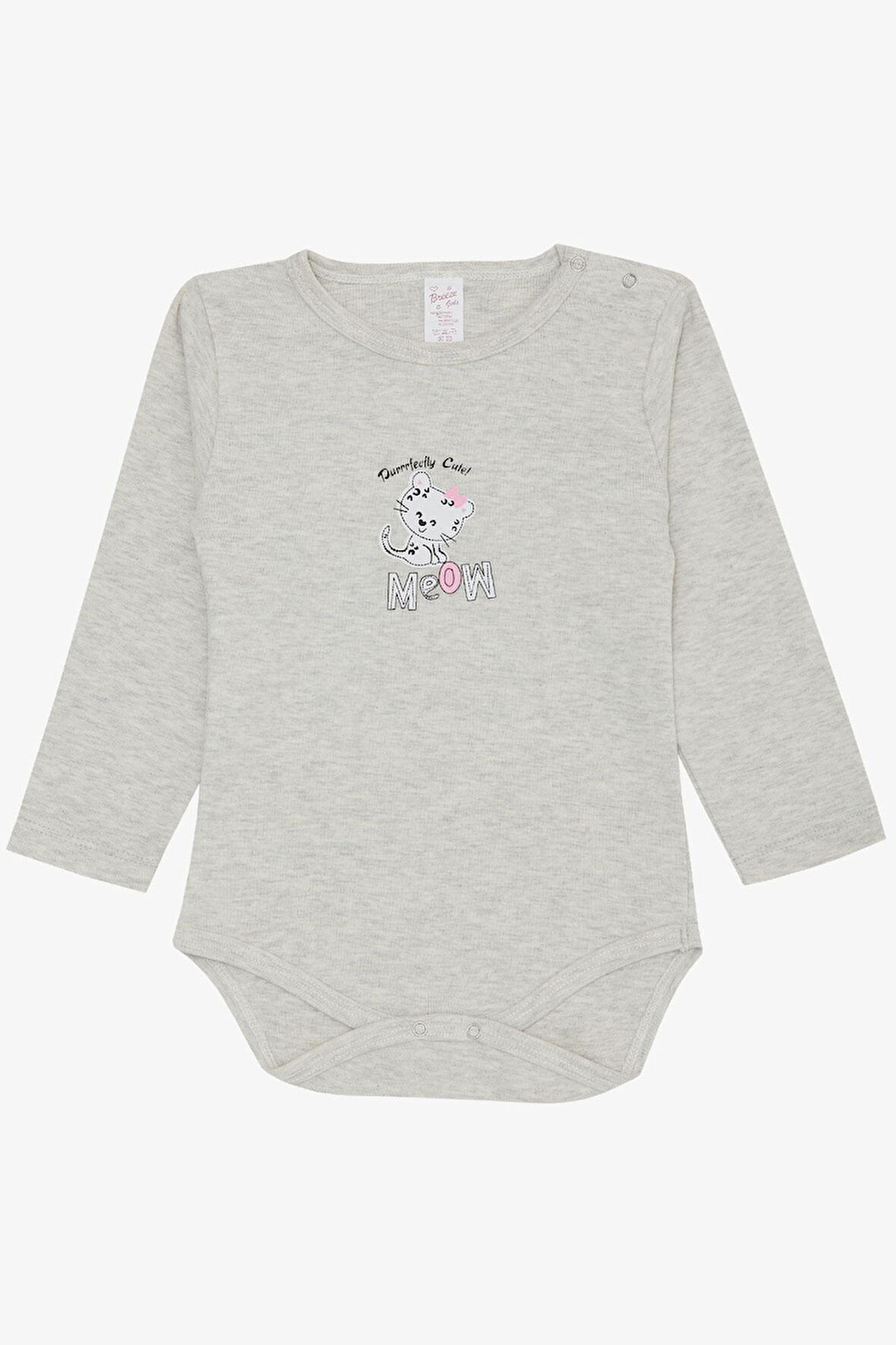 Breeze Kız Bebek Çıtçıtlı Zıbın Body Sevimli Bebek Kedicik Baskılı 9 Ay-3 Yaş, Açık Gri Melanj