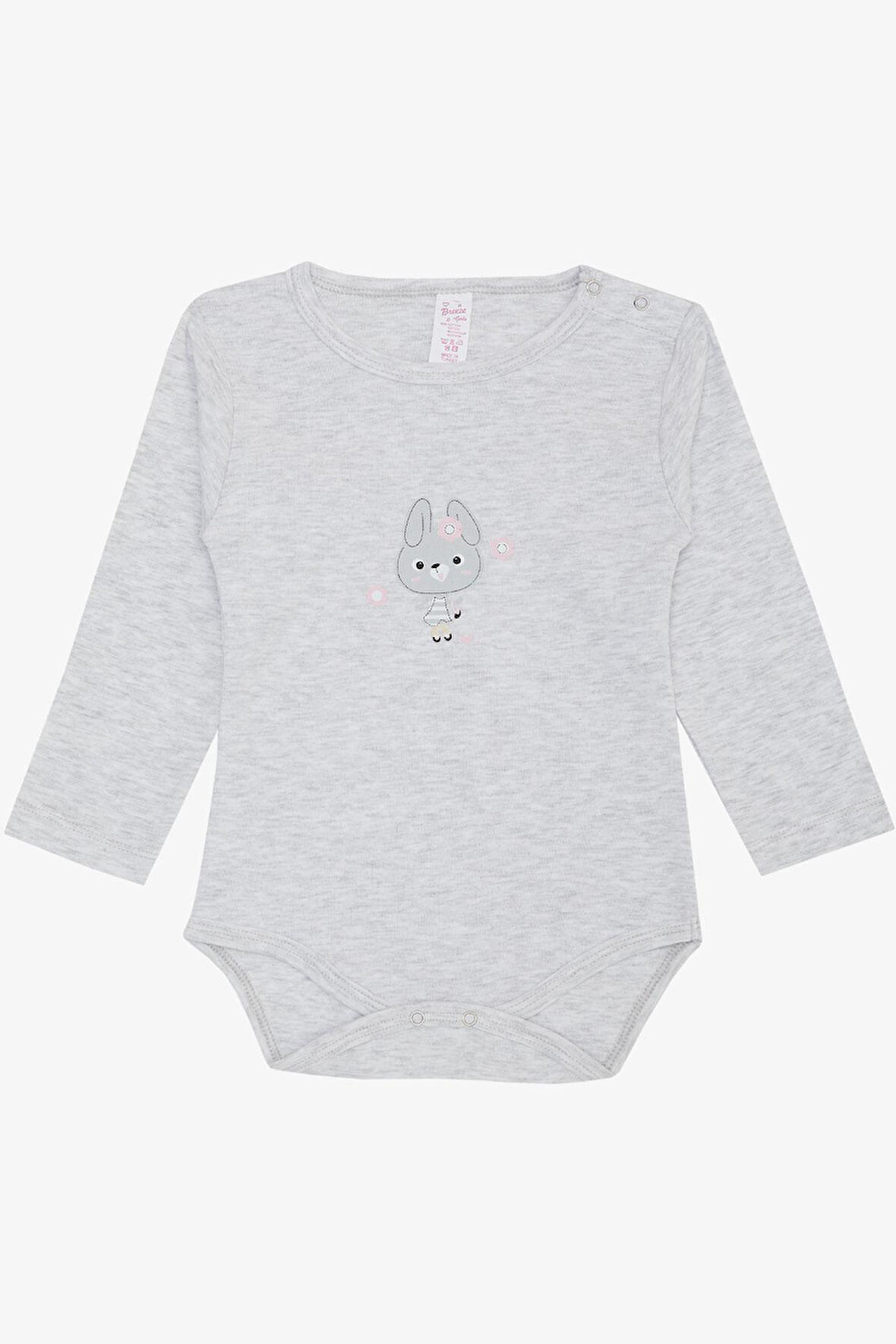 Breeze Kız Bebek Çıtçıtlı Zıbın Body Havalı Tavşancık Baskılı 9 Ay-3 Yaş, Açık Gri Melanj