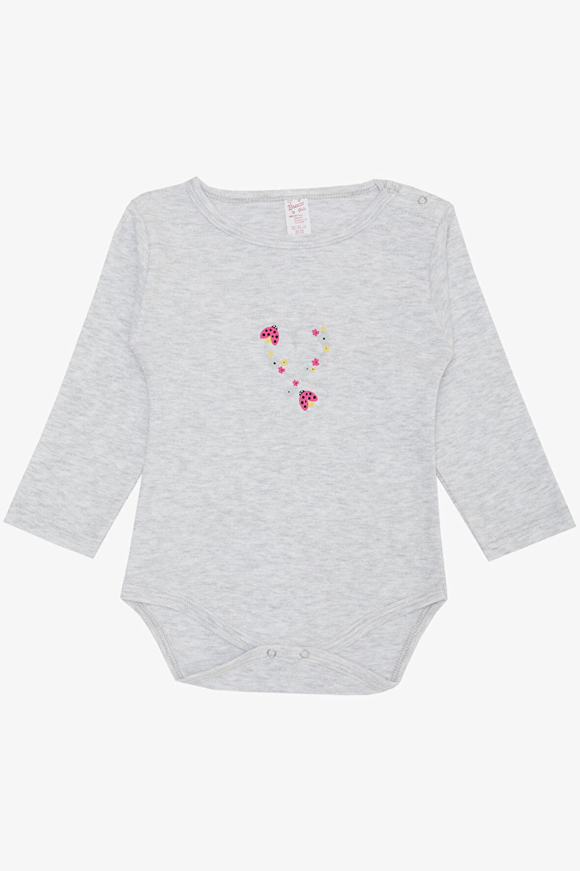 Breeze Kız Bebek Çıtçıtlı Zıbın Body Uğur Böceği Baskılı Çiçekli 9 Ay-3 Yaş, Açık Gri Melanj