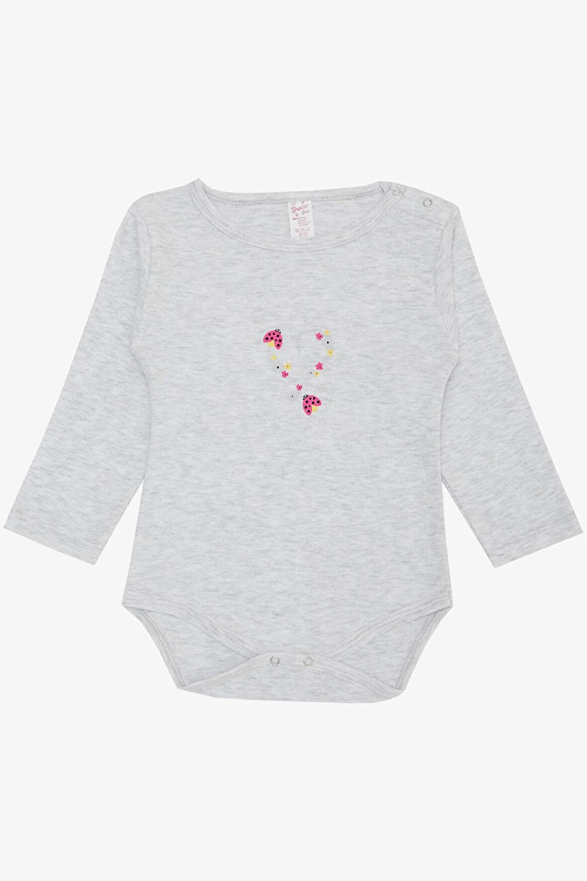 Breeze Kız Bebek Çıtçıtlı Zıbın Body Uğur Böceği Baskılı Çiçekli 9 Ay-3 Yaş, Açık Gri Melanj