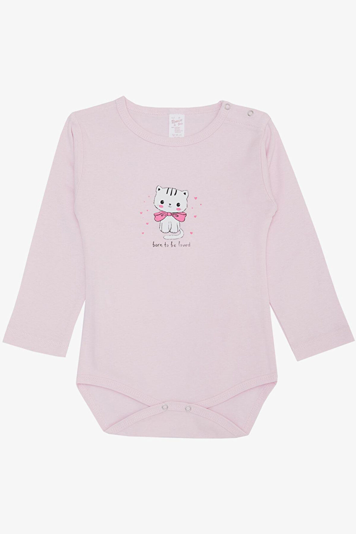 Breeze Kız Bebek Çıtçıtlı Zıbın Body Sevgi Temalı Kedicik Baskılı 9 Ay-3 Yaş, Pembe