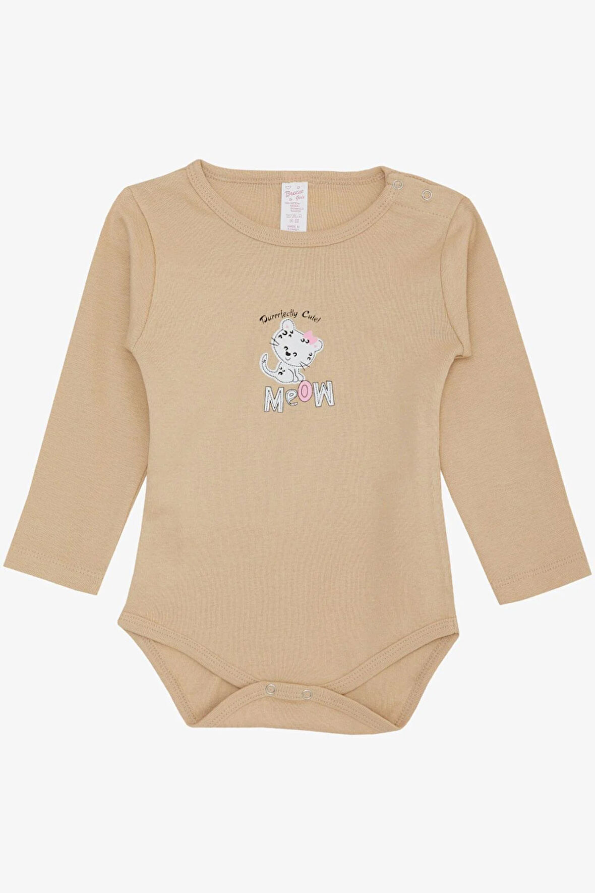 Breeze Kız Bebek Çıtçıtlı Zıbın Body Sevimli Bebek Kedicik Baskılı 9 Ay-3 Yaş, Bej