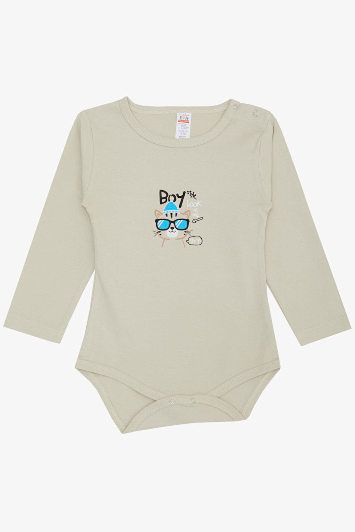 Breeze Erkek Bebek Çıtçıtlı Zıbın Body Gözlüklü Kedicik Baskılı 9 Ay-3 Yaş, Taş