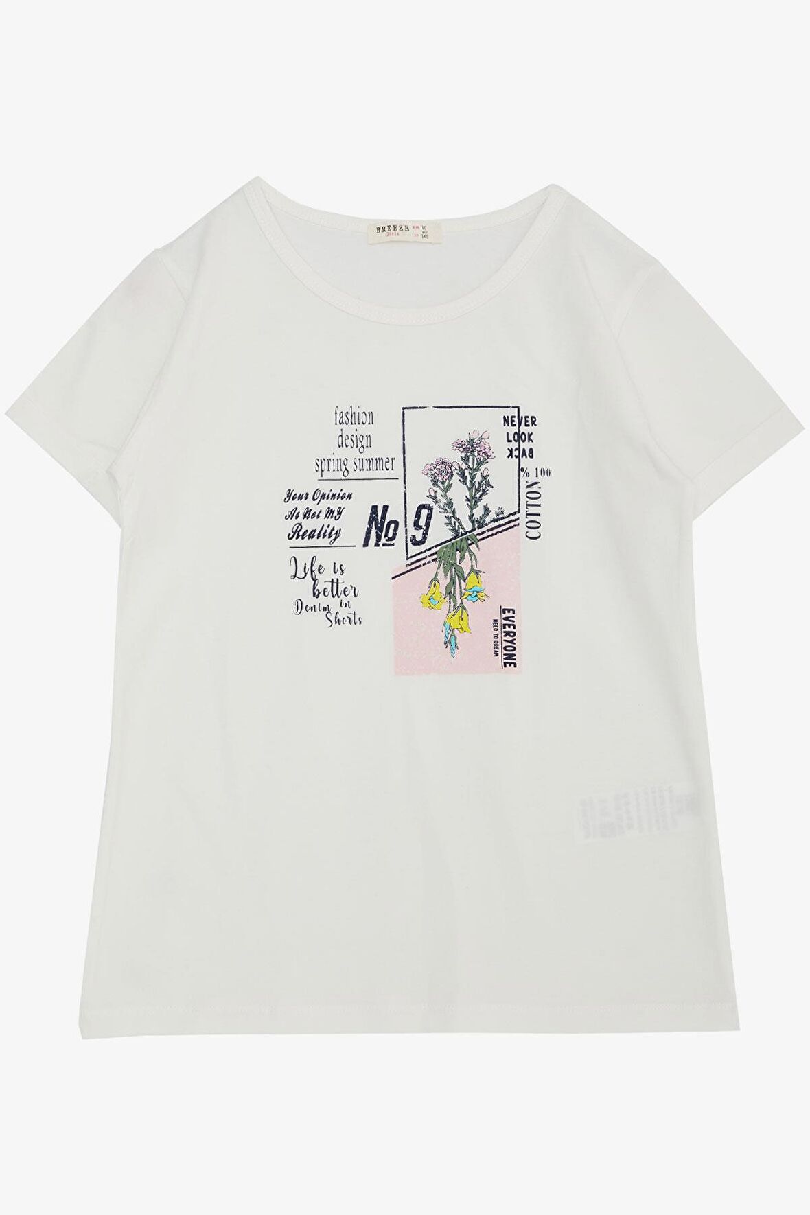 Breeze Kız Çocuk Tişört Moda Temalı Yazı & Renkli Çiçek Baskılı 10-14 Yaş, Ekru