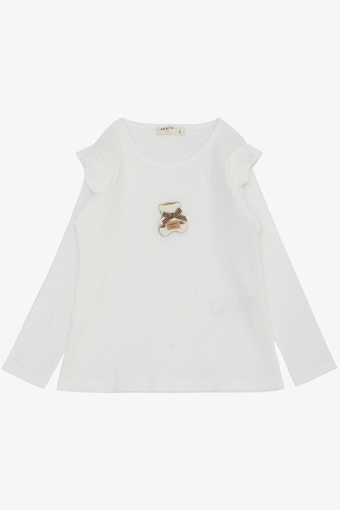 Breeze Kız Çocuk Uzun Kollu Tişört Mutlu Ayıcık Aksesuarlı Omuzu Fırfırlı 2-6 Yaş, Beyaz