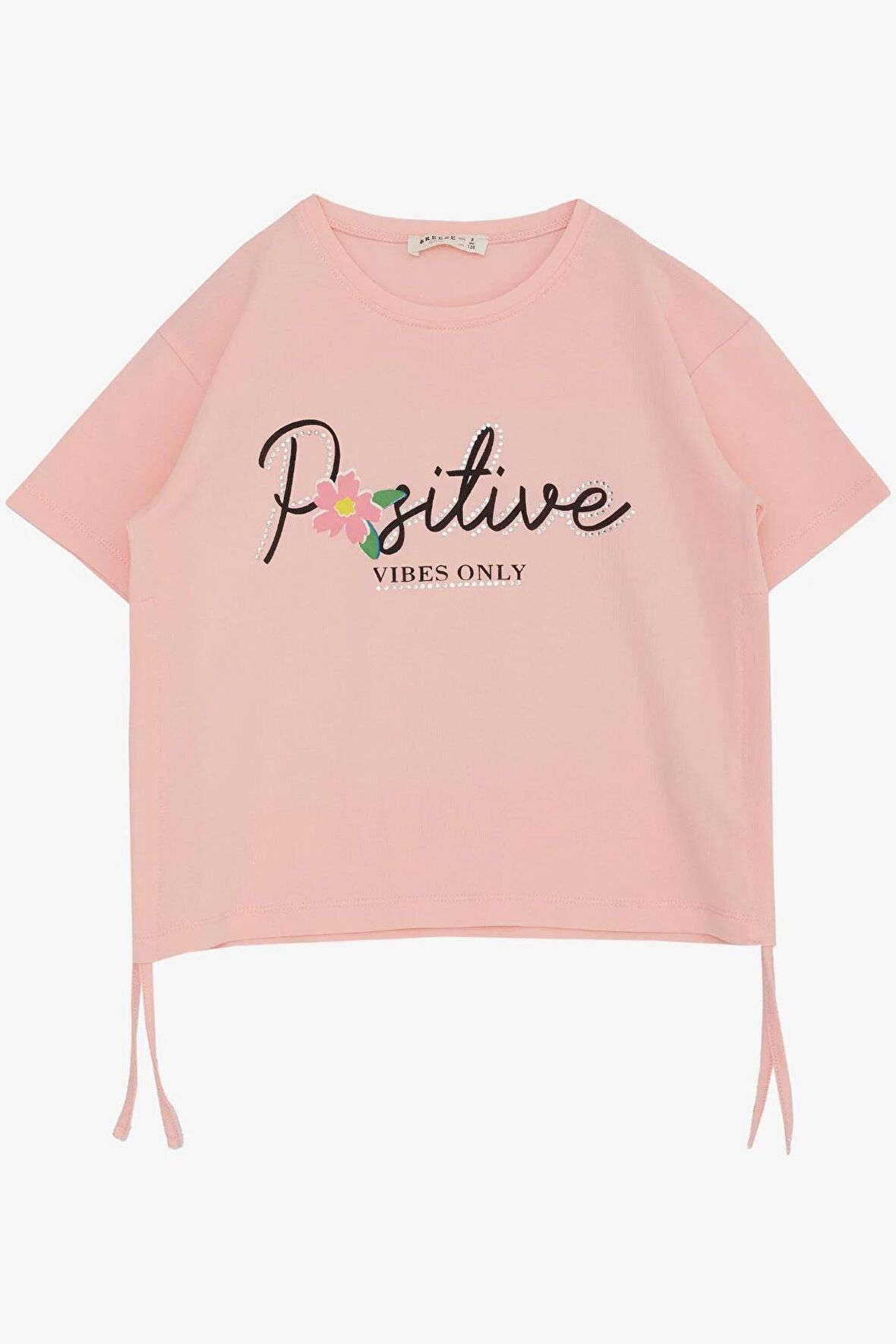 BREEZE Kız Çocuk Tişört Kemer Boy Yazı Baskılı Taşlı Çiçekli 8-14 Yaş, Somon