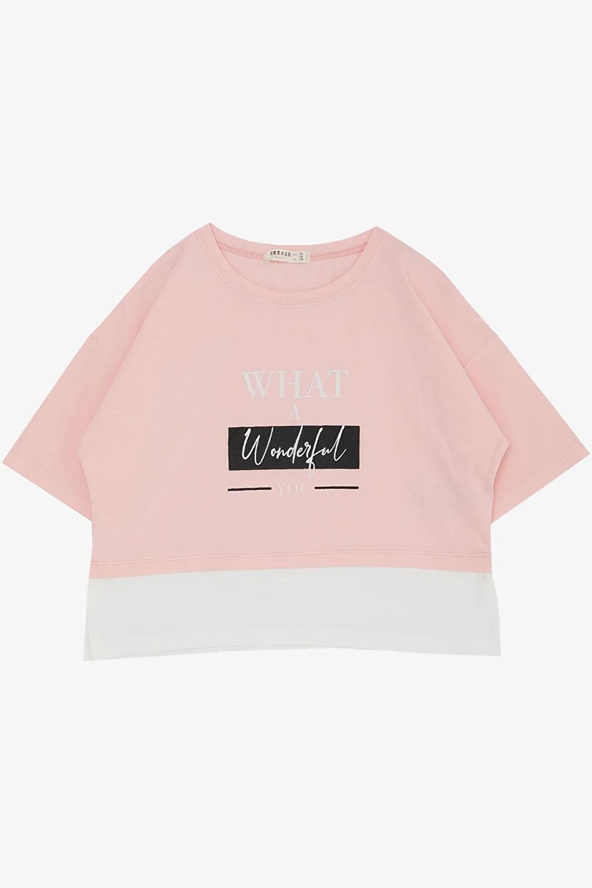 BREEZE Kız Çocuk Crop Tişört Yanları Yırtmaçlı Yazı Baskılı 9-14 Yaş, Pembe