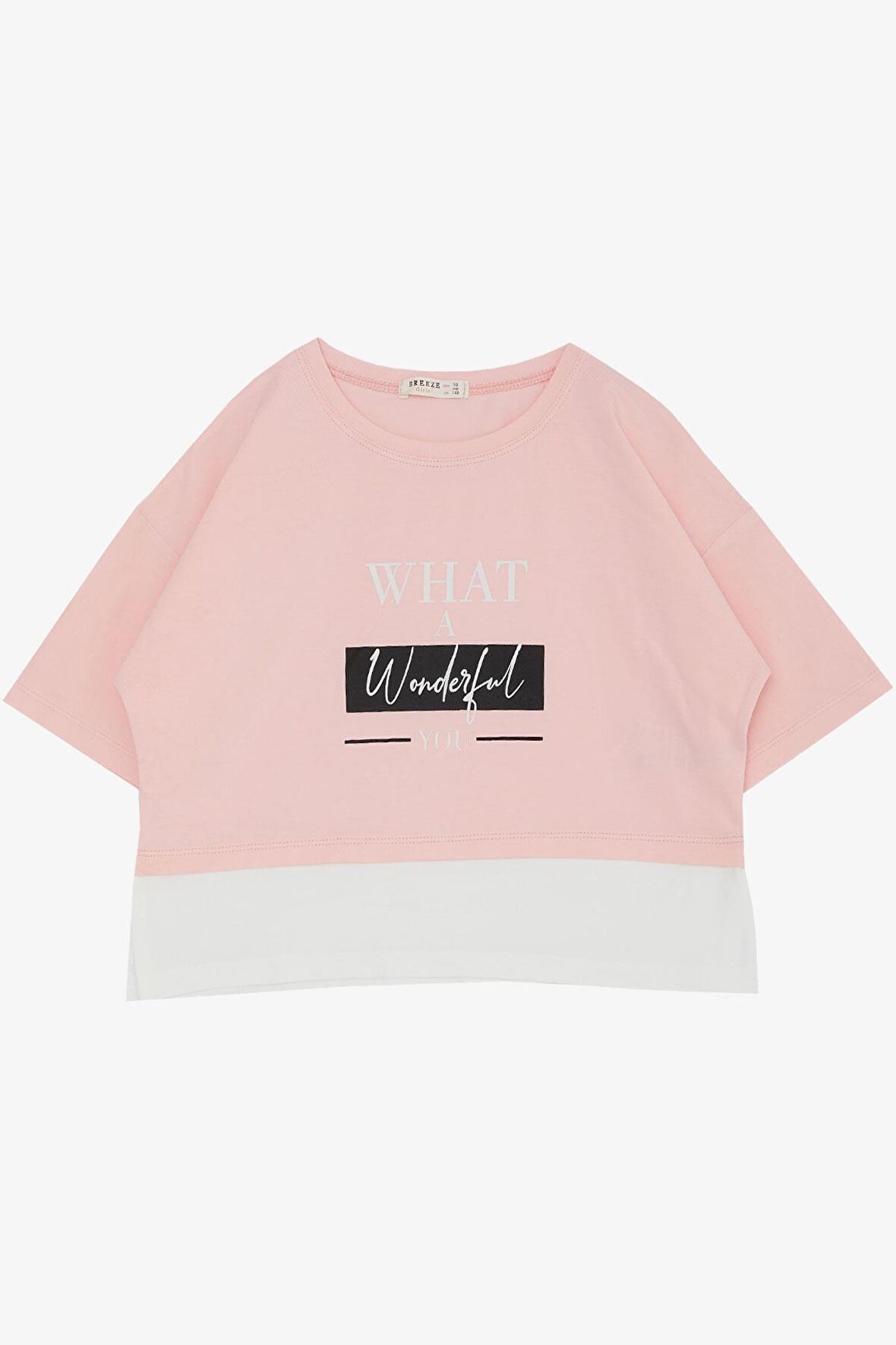 BREEZE Kız Çocuk Crop Tişört Yanları Yırtmaçlı Yazı Baskılı 9-14 Yaş, Pembe