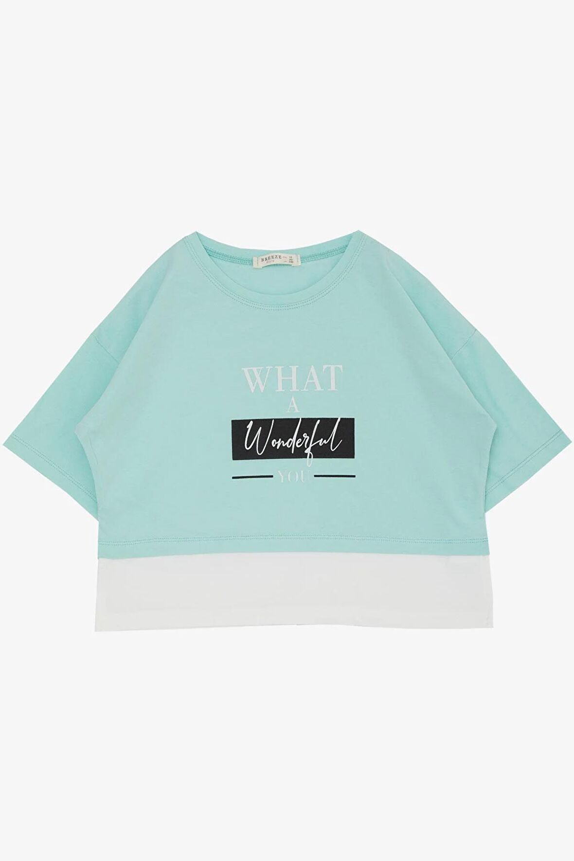 BREEZE Kız Çocuk Crop Tişört Yanları Yırtmaçlı Yazı Baskılı 9-14 Yaş, Su Yeşili