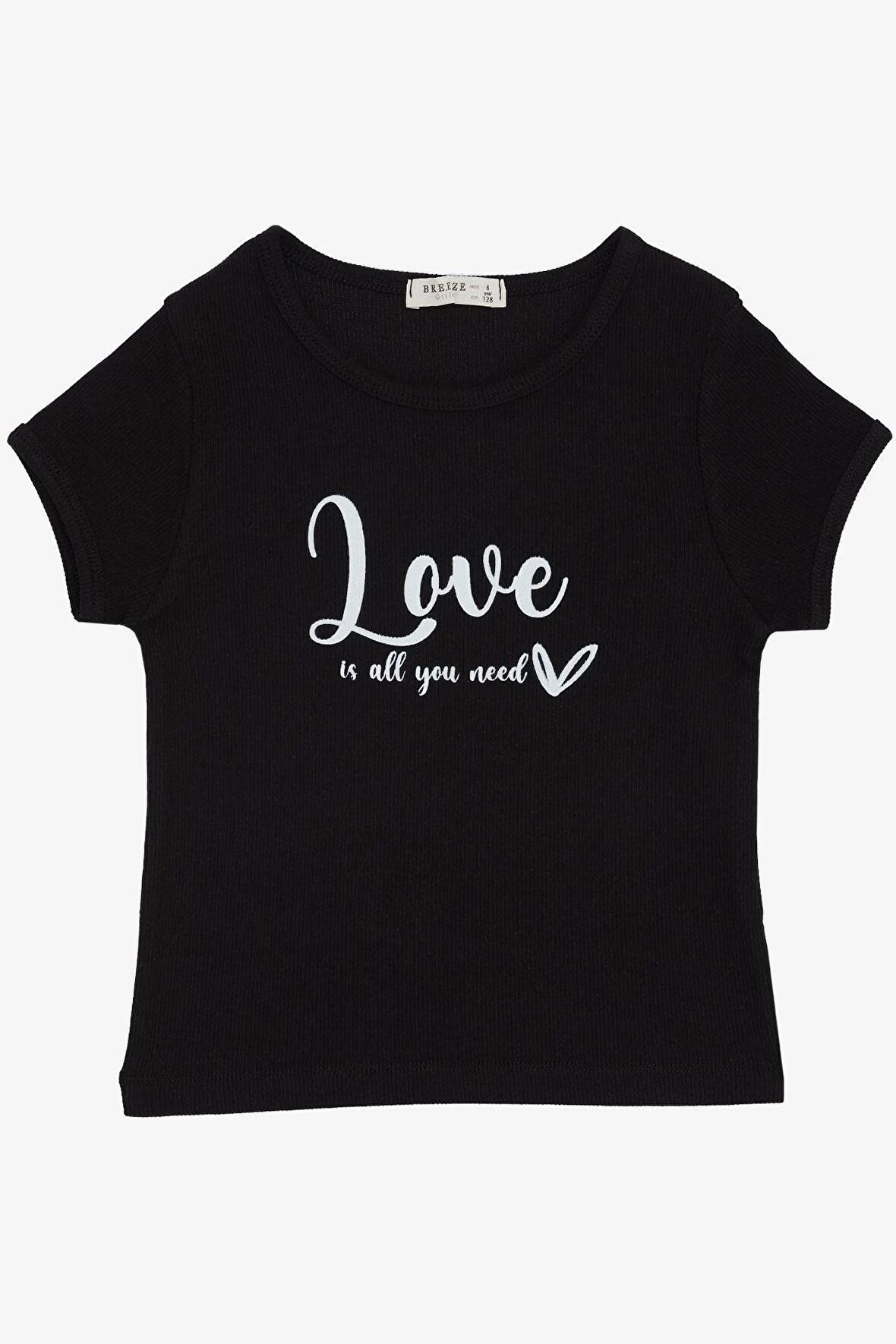 BREEZE Kız Çocuk Tişört Kemer Boy Yazı Baskılı 8-14 Yaş, Siyah