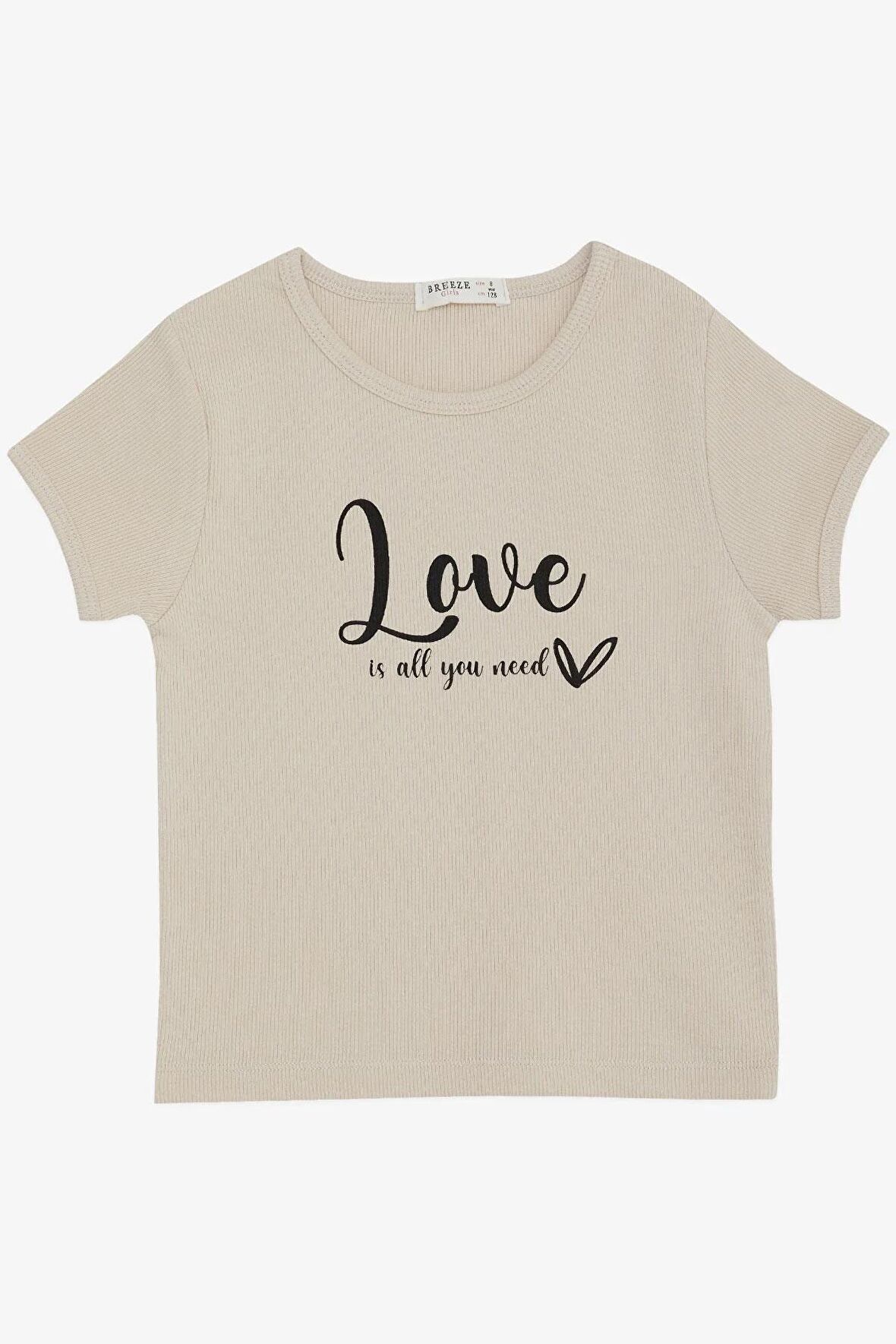 BREEZE Kız Çocuk Tişört Kemer Boy Yazı Baskılı 8-14 Yaş, Bej