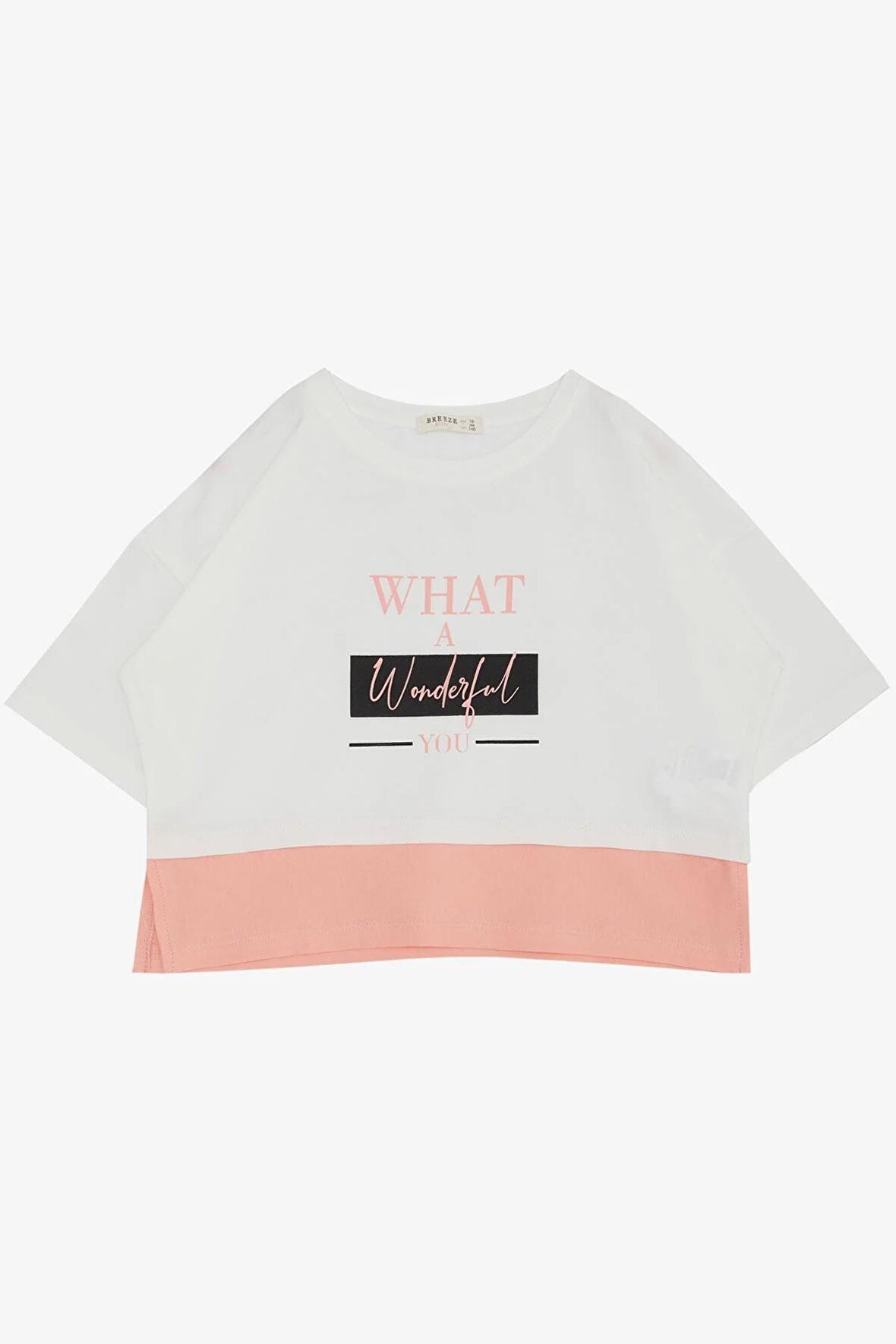 BREEZE Kız Çocuk Crop Tişört Yanları Yırtmaçlı Yazı Baskılı 9-14 Yaş, Ekru