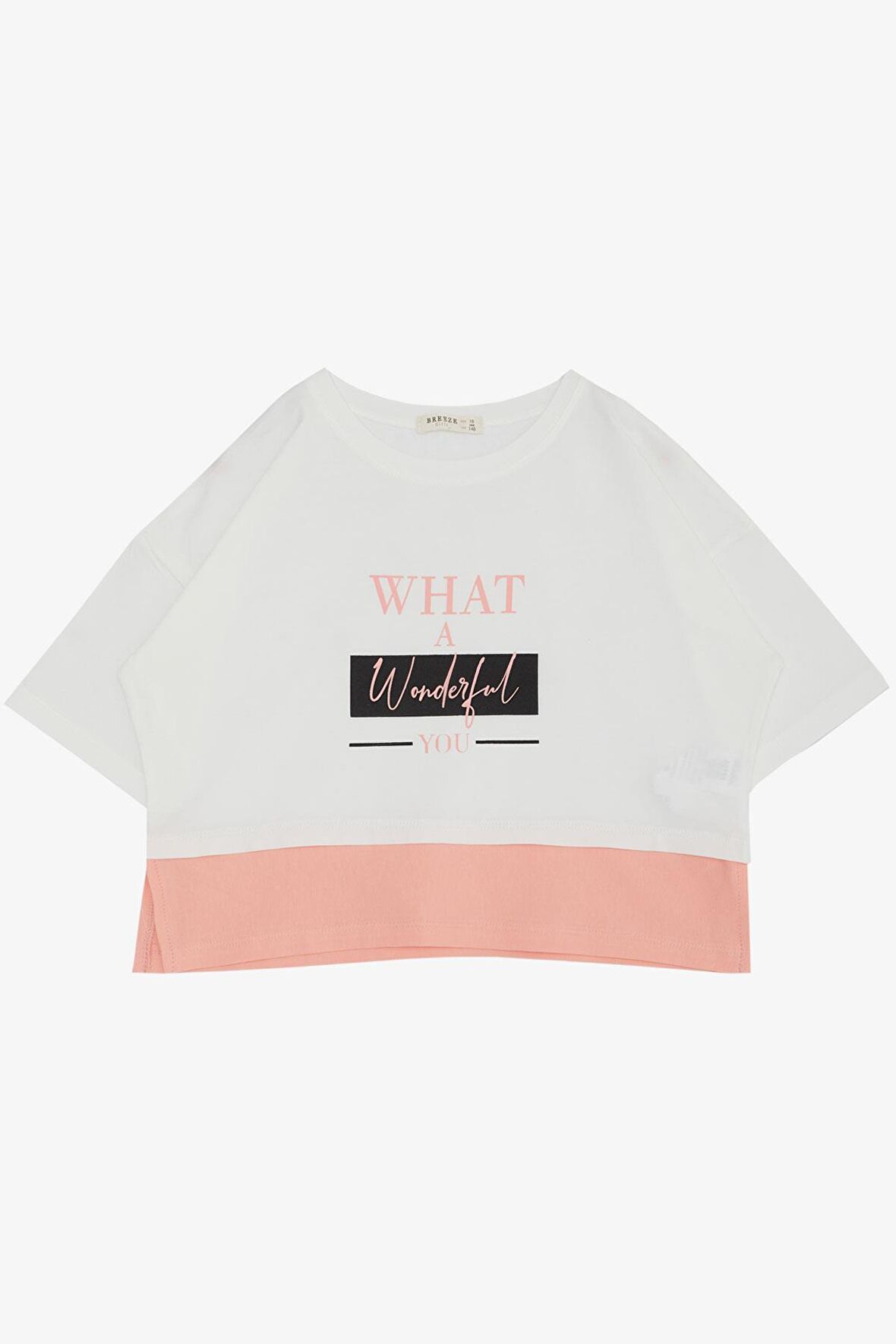 BREEZE Kız Çocuk Crop Tişört Yanları Yırtmaçlı Yazı Baskılı 9-14 Yaş, Ekru