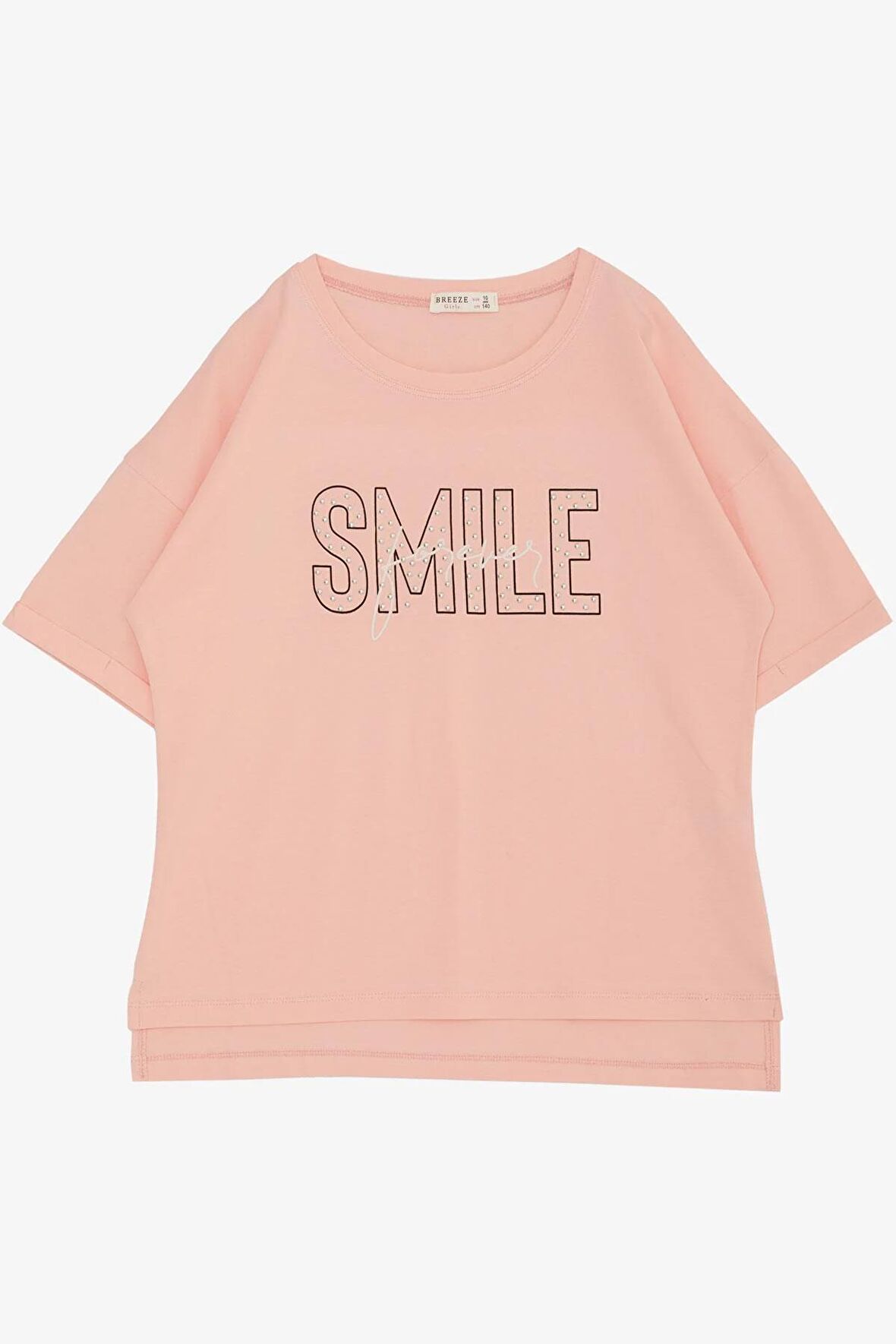 Breeze Kız Çocuk Tişört Smile Yazı Baskılı Taşlı 9-16 Yaş, Somon