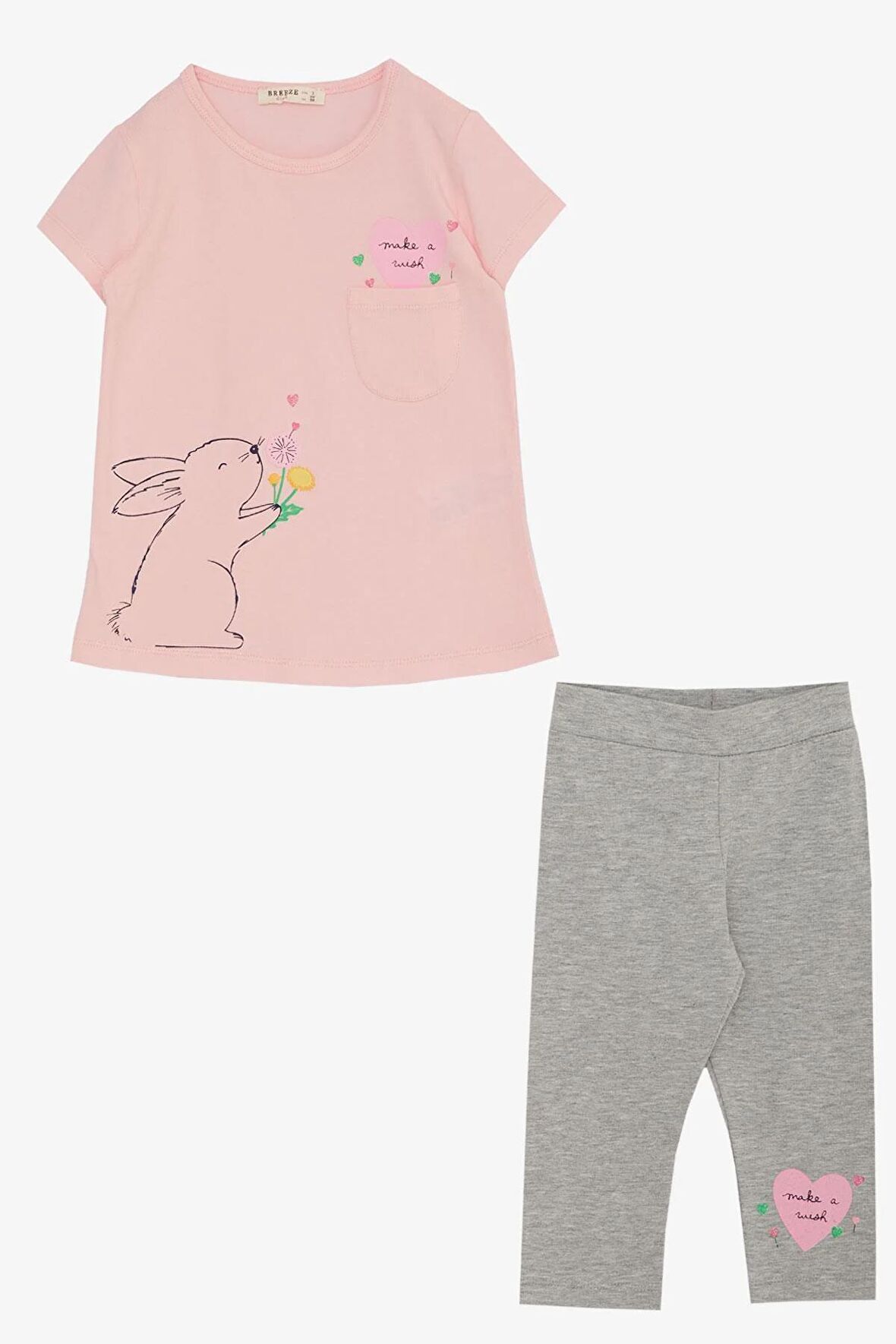 BREEZE Kız Çocuk Kapri Taytlı Takım Sevgi Temalı Tavşancık Baskılı 1.5-5 Yaş, Pembe