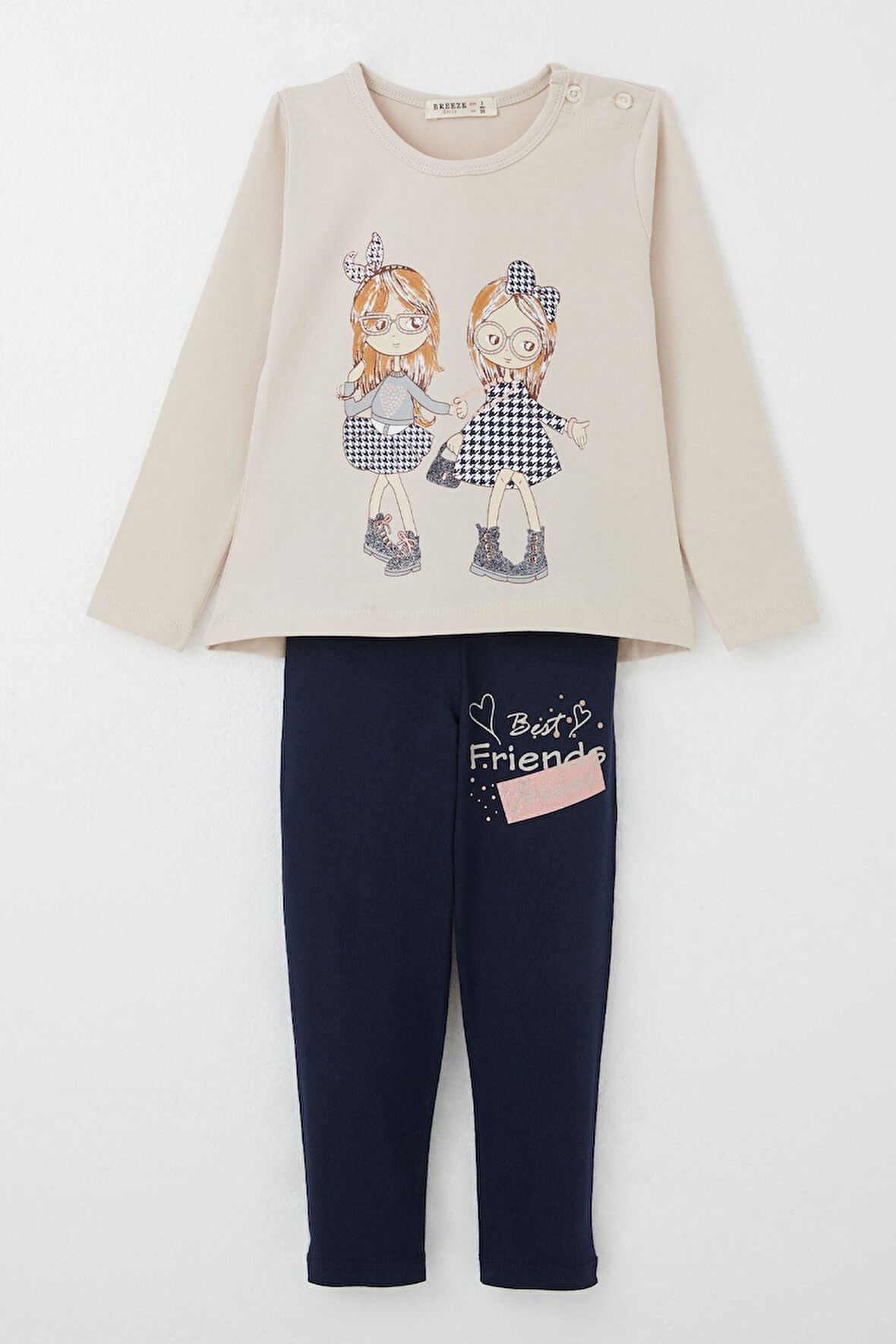 Breeze Kız Çocuk Taytlı Takım Dostluk Temalı Mutlu Kızlar Baskılı 2-6 Yaş, Bej