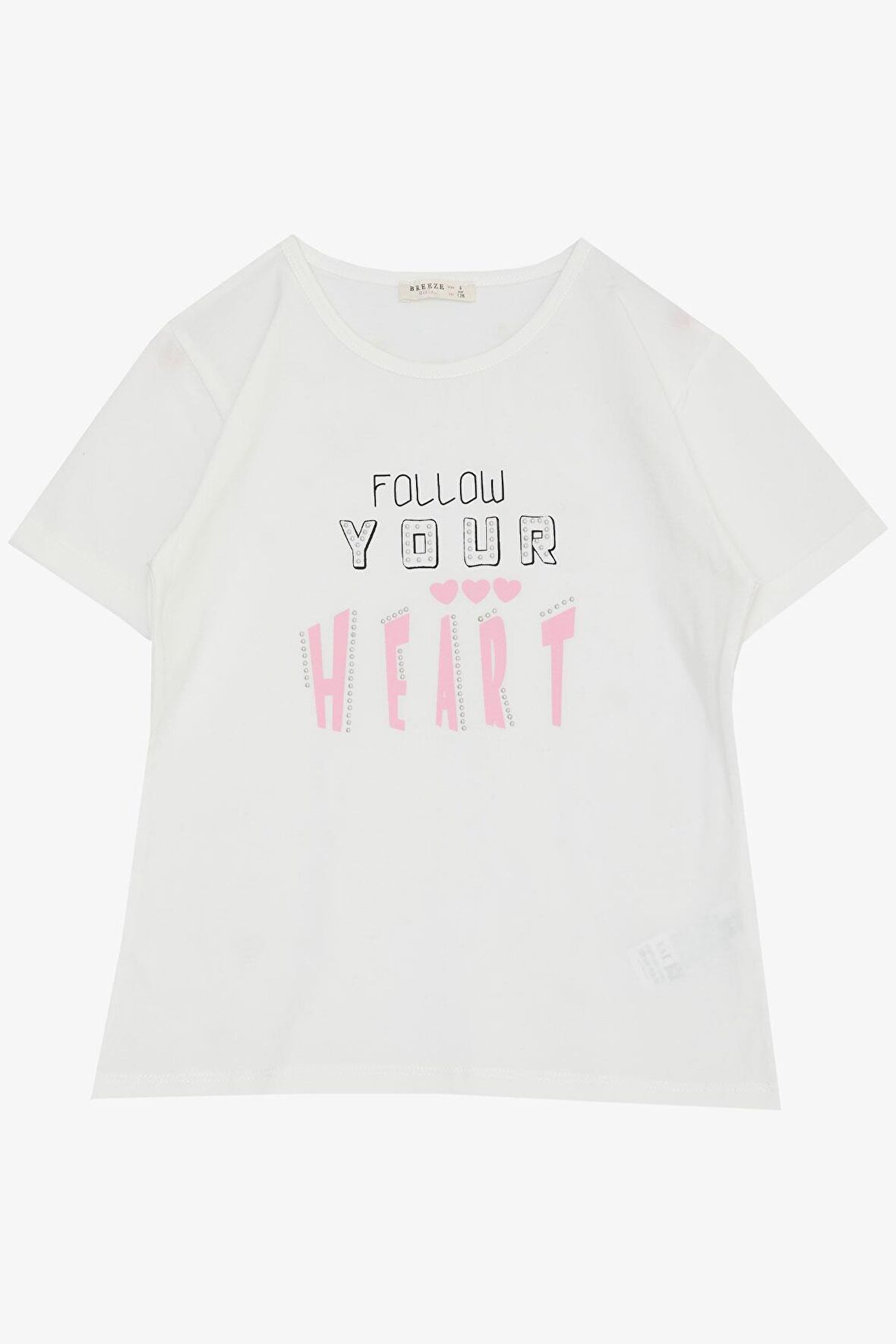 Breeze Kız Çocuk Tişört Taşlı Yazı & Kalp Baskılı 8-14 Yaş, Ekru