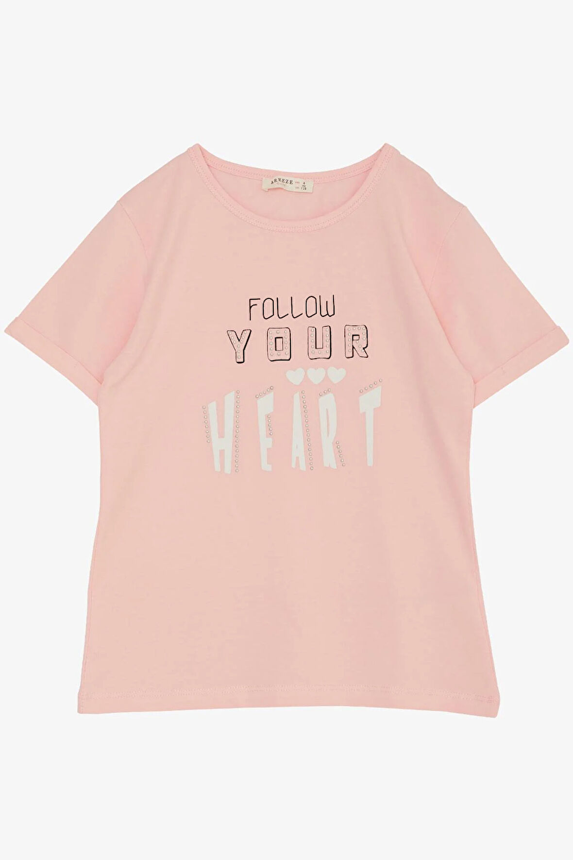 Breeze Kız Çocuk Tişört Taşlı Yazı & Kalp Baskılı 8-14 Yaş, Pembe