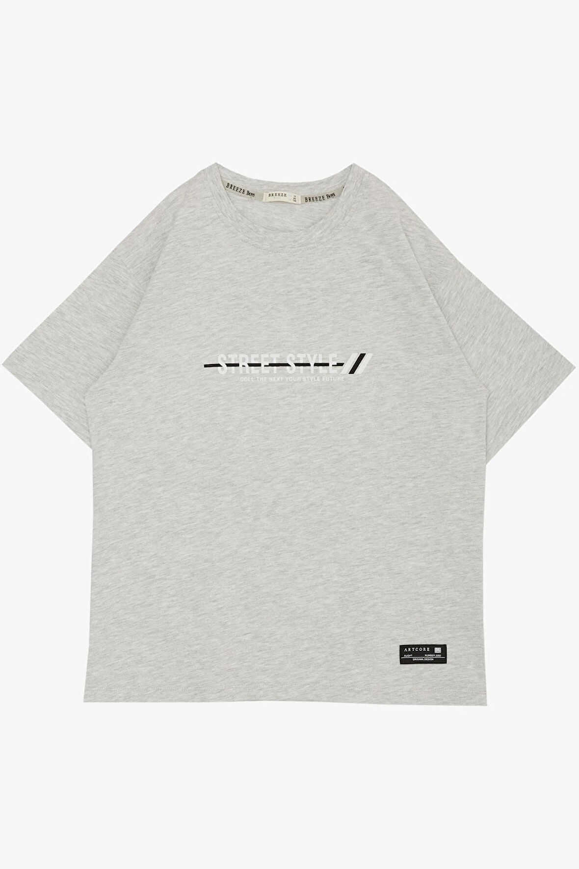 Breeze Erkek Çocuk Tişört Yazı Baskılı Armalı 9-14 Yaş, Açık Gri Melanj