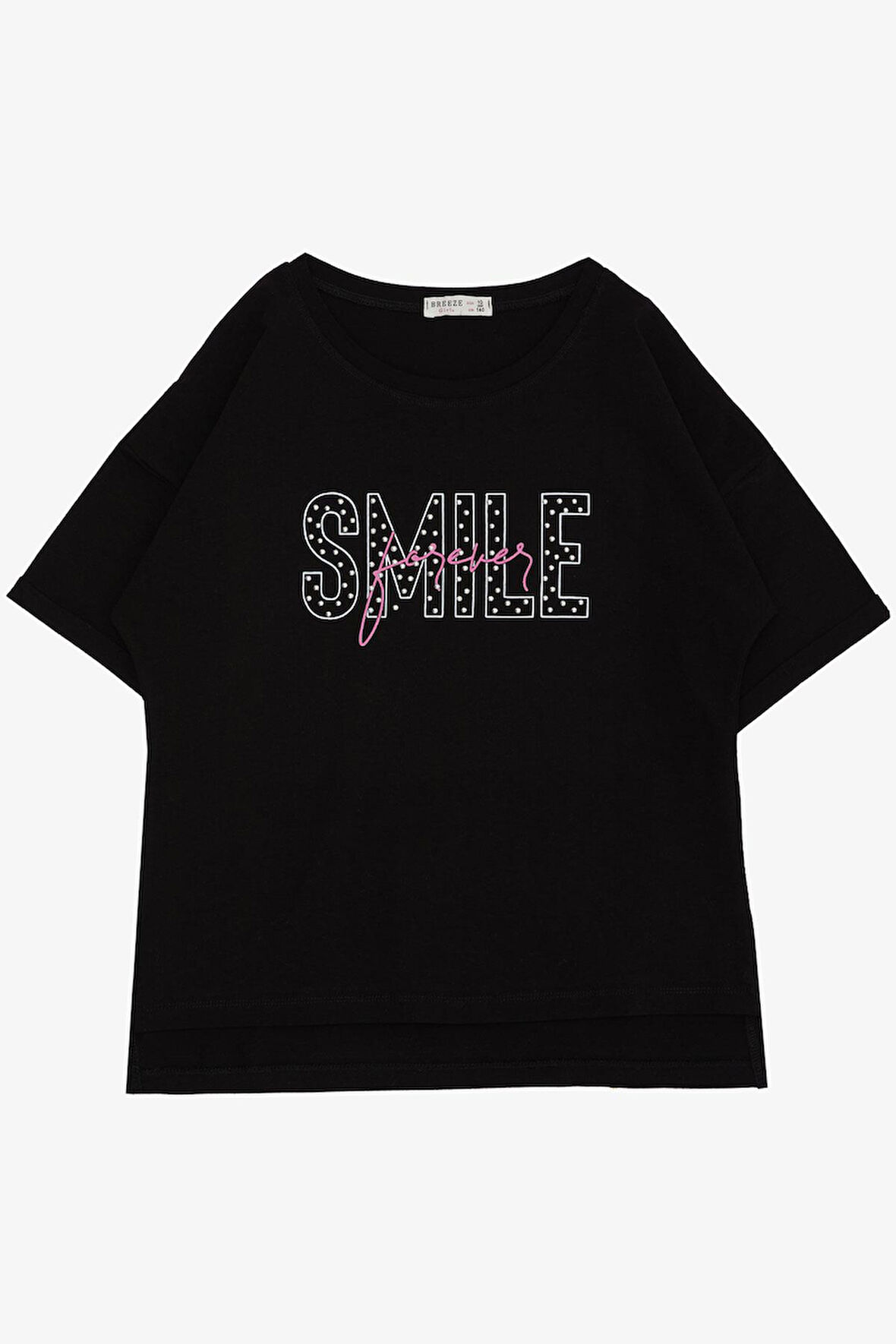 Breeze Kız Çocuk Tişört Smile Yazı Baskılı Taşlı 9-16 Yaş, Siyah