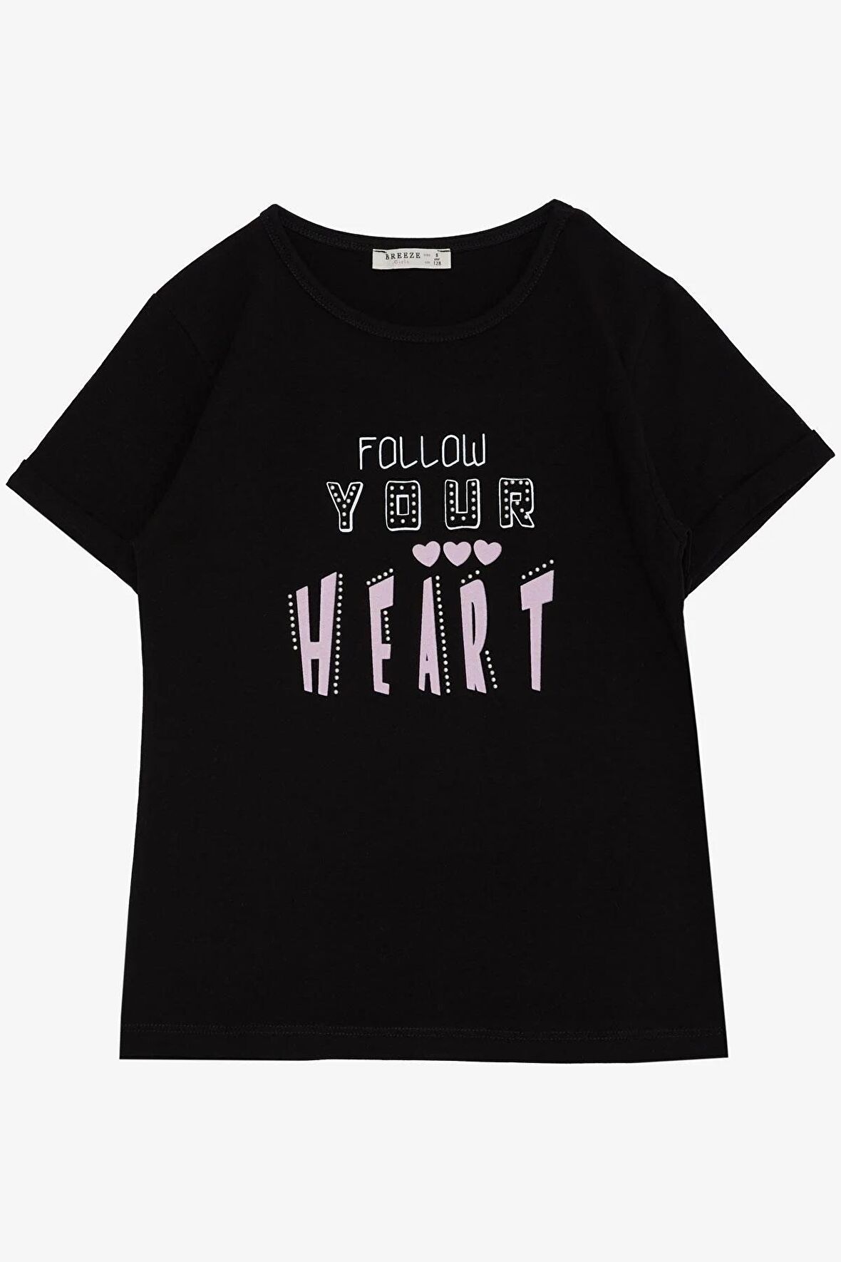 BREEZE Kız Çocuk Tişört Taşlı Yazı & Kalp Baskılı 8-14 Yaş, Siyah