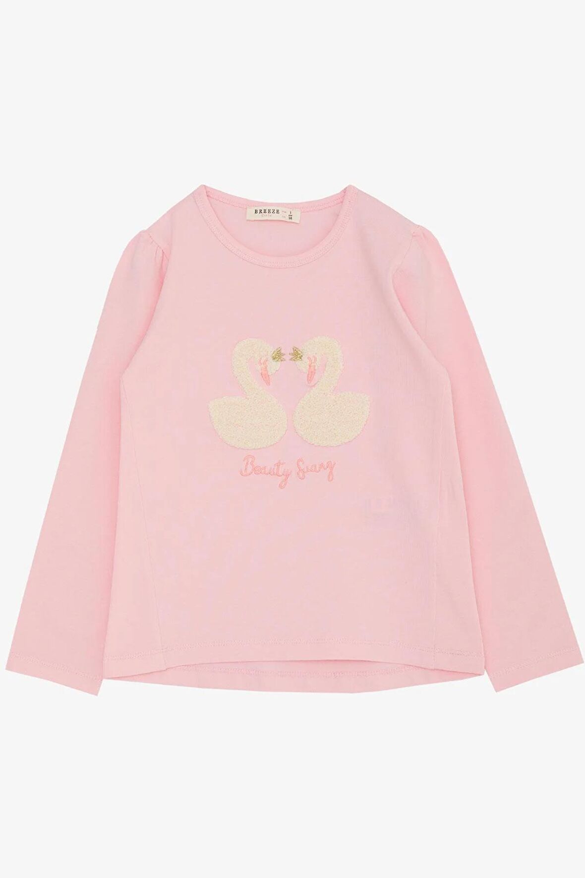 Breeze Kız Çocuk Uzun Kollu Tişört Kabartma Nakışlı Kuğu Baskılı 2-6 Yaş, Pembe