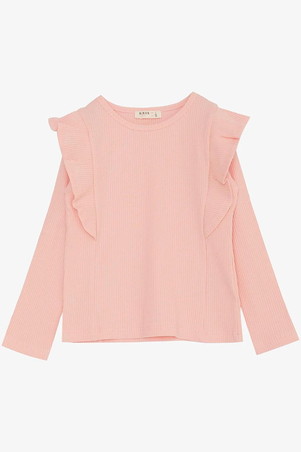 BREEZE Kız Çocuk Uzun Kollu Tişört Omuz Fırfırlı 3-7 Yaş, Somon