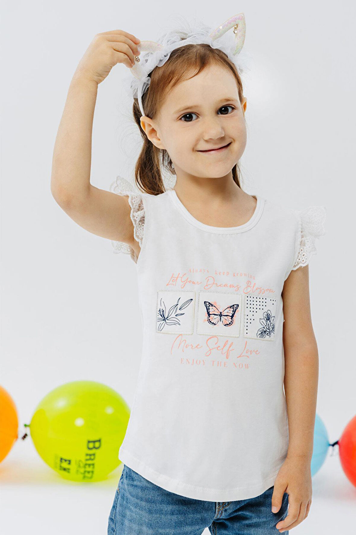 Breeze Kız Çocuk Tişört Kolları Güpür Nakışlı Kelebek Baskılı 1.5-5 Yaş, Ekru