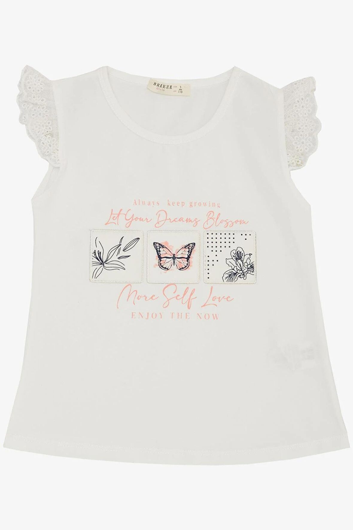 BREEZE Kız Çocuk Tişört Kolları Güpür Nakışlı Kelebek Baskılı 1.5-5 Yaş, Ekru