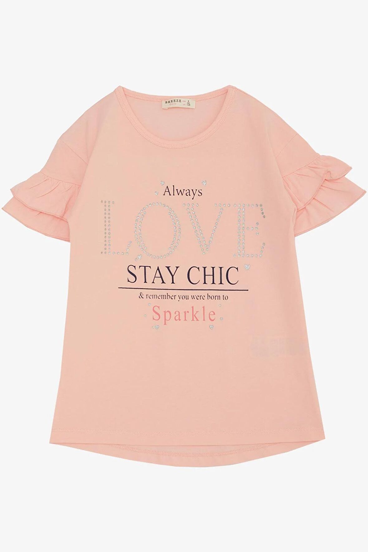 BREEZE Kız Çocuk Tişört Sevgi Temalı Simli Yazı Baskılı 6-12 Yaş, Somon