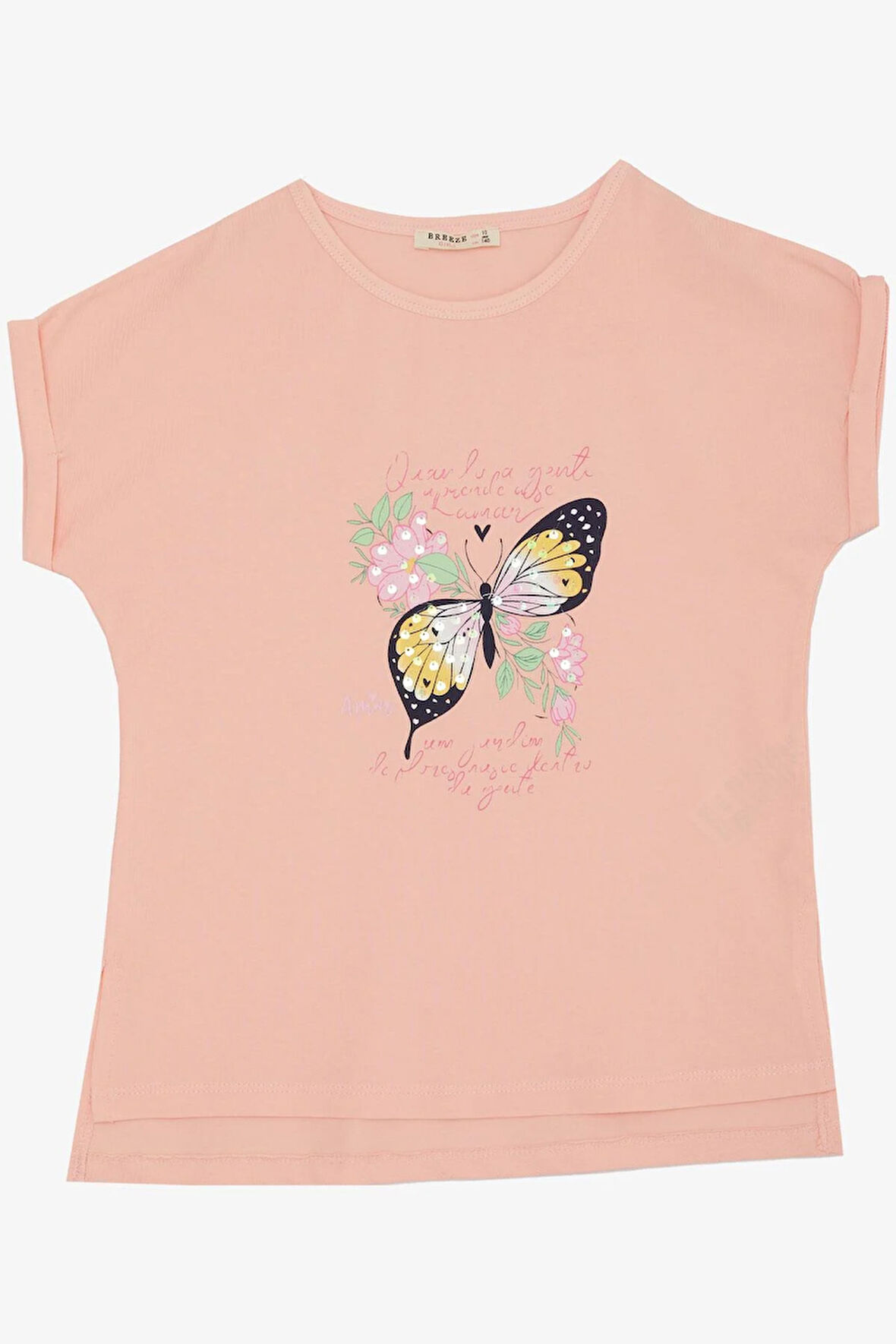Breeze Kız Çocuk Tişört Kelebek Baskılı 10-16 Yaş, Pembe