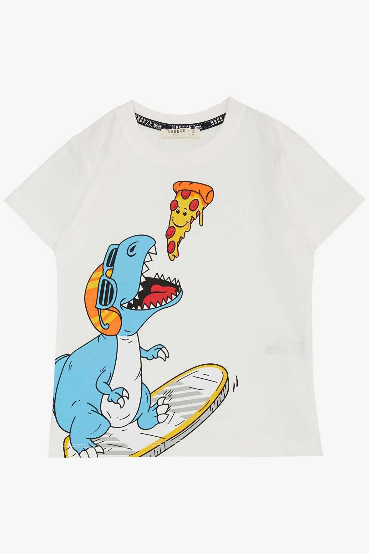 BREEZE Erkek Çocuk Tişört Pizza Yiyen Mutlu Dinozor Baskılı 2-6 Yaş, Ekru