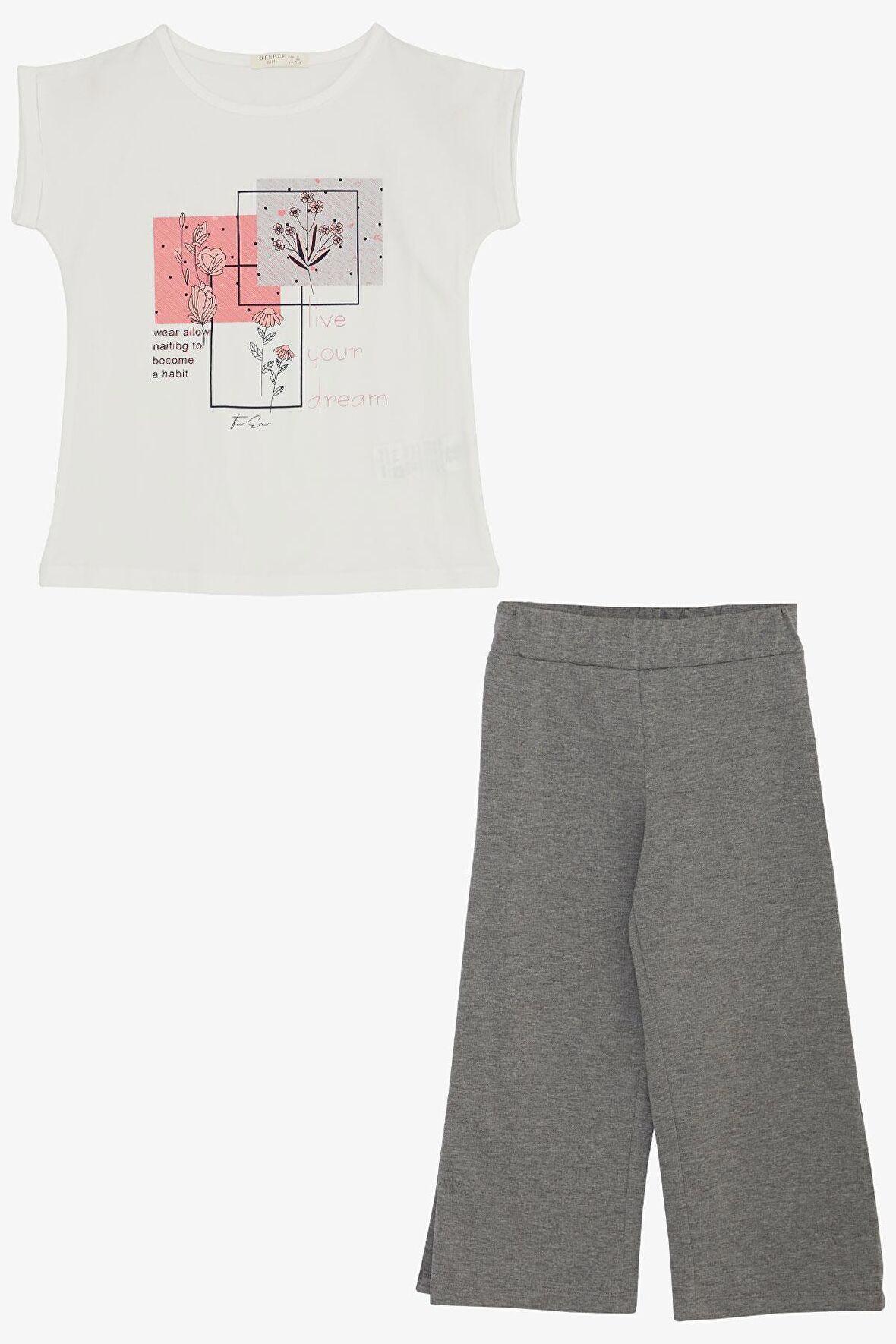 Breeze Kız Çocuk Pantolonlu Takım Çiçek Baskılı Yırtmaçlı 6-12 Yaş, Ekru