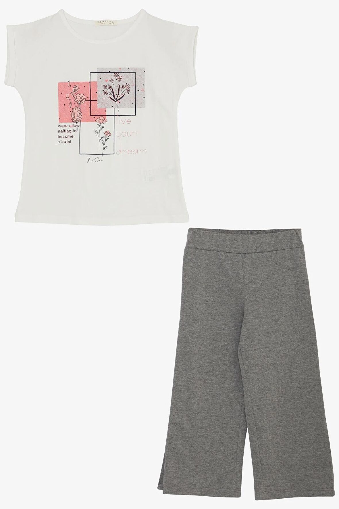 Breeze Kız Çocuk Pantolonlu Takım Çiçek Baskılı Yırtmaçlı 6-12 Yaş, Ekru