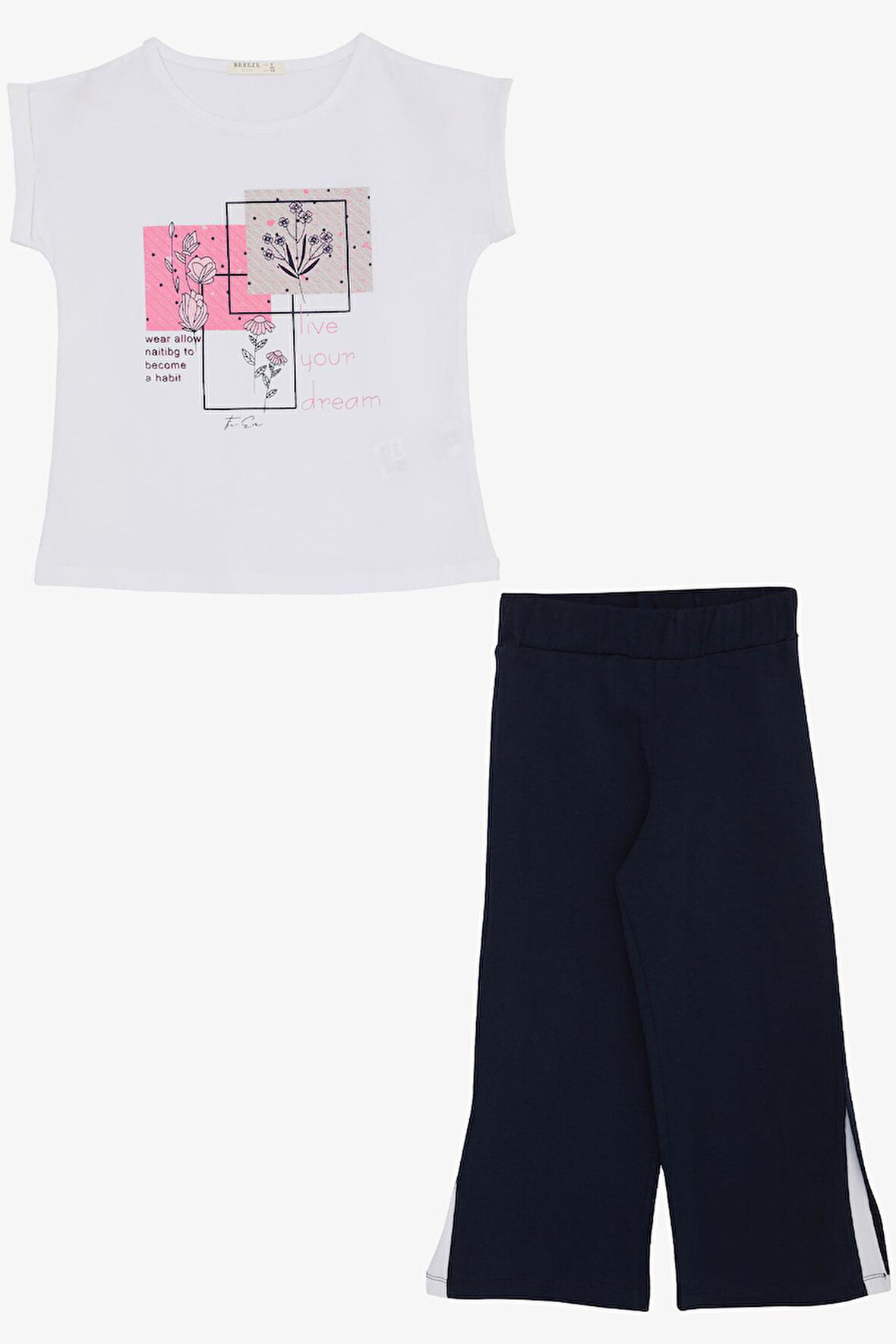 Breeze Kız Çocuk Pantolonlu Takım Çiçek Baskılı Yırtmaçlı 6-12 Yaş, Beyaz