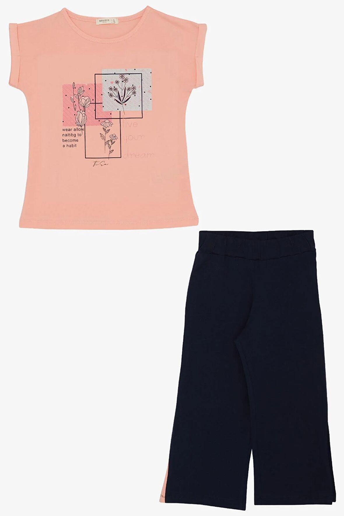 Breeze Kız Çocuk Pantolonlu Takım Çiçek Baskılı Yırtmaçlı 6-12 Yaş, Somon