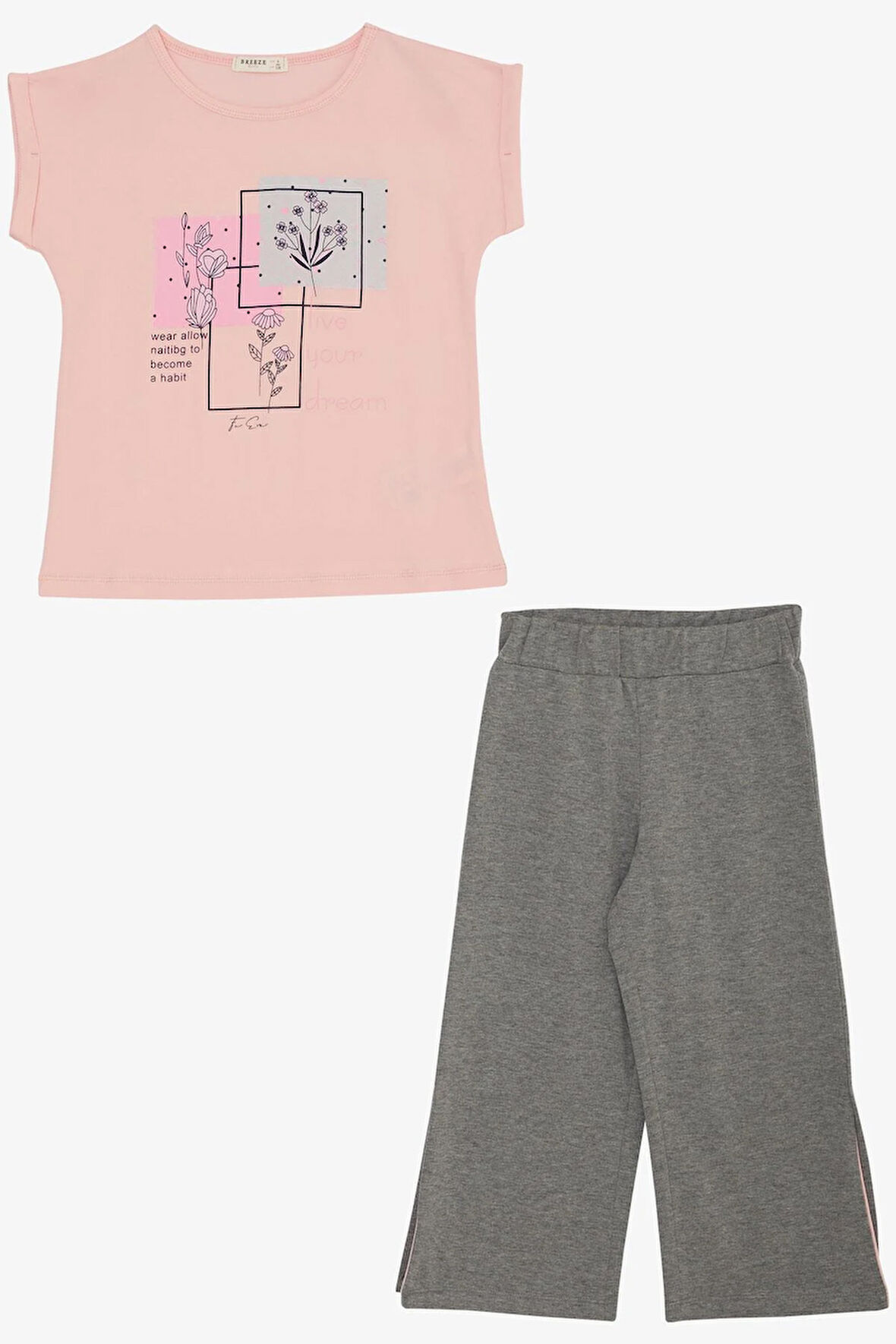 Breeze Kız Çocuk Pantolonlu Takım Çiçek Baskılı Yırtmaçlı 6-12 Yaş, Pembe
