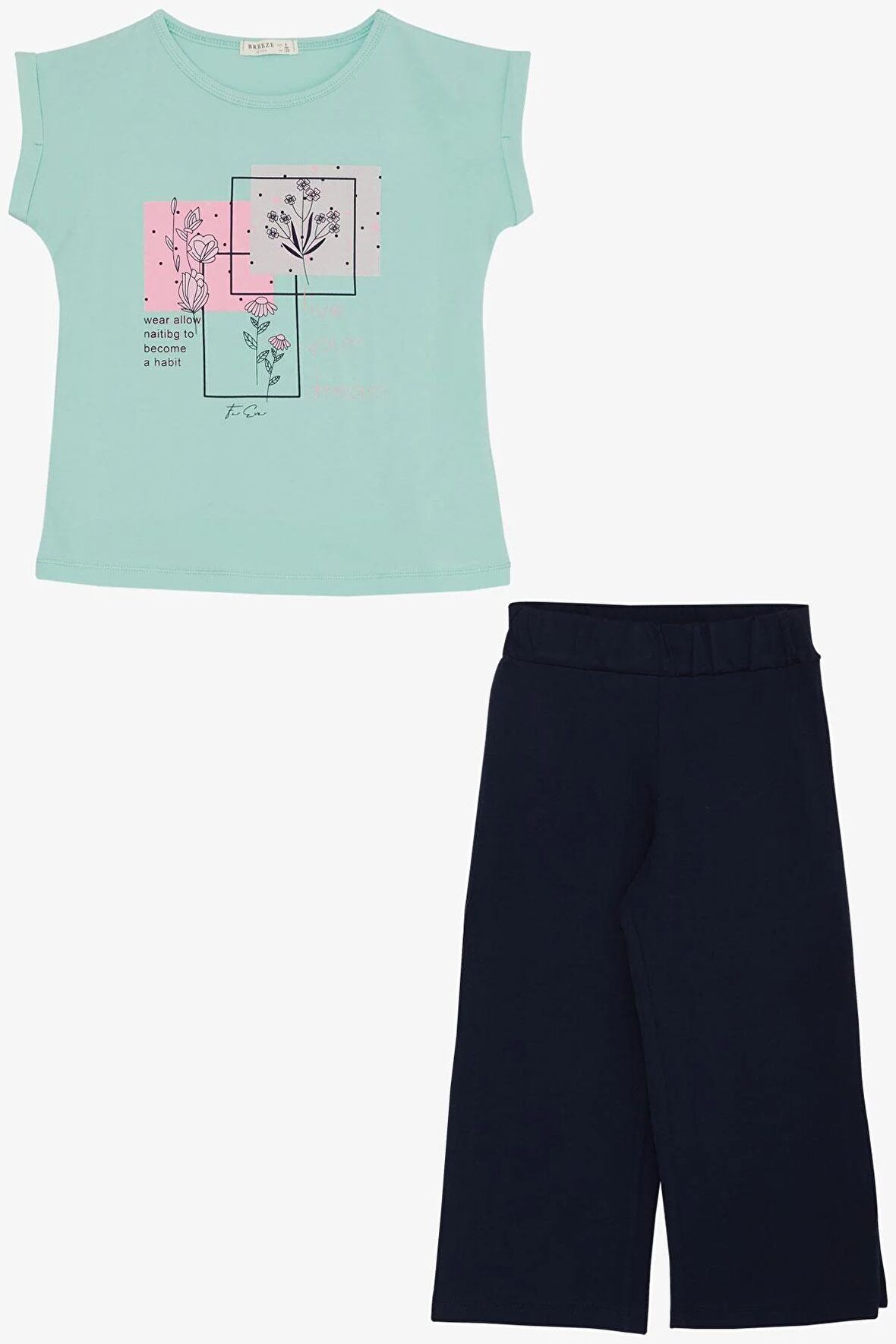 Breeze Kız Çocuk Pantolonlu Takım Çiçek Baskılı Yırtmaçlı 6-12 Yaş, Su Yeşili