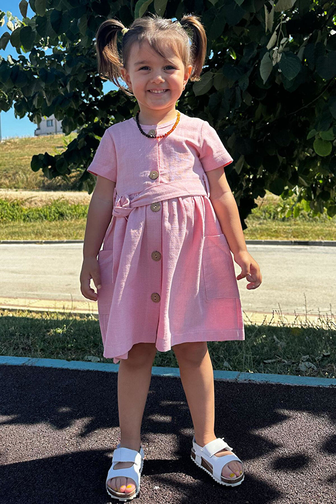 Breeze Kız Çocuk Keten Elbise Düğmeli Yanları Cepli 1.5-5 Yaş, Pembe