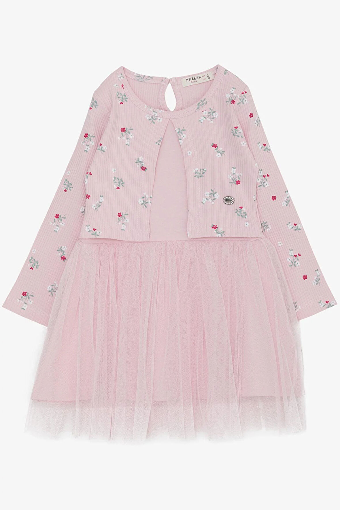Breeze Kız Çocuk Uzun Kollu Ebise Tüllü Çiçek Desenli 3-8 Yaş, Pembe