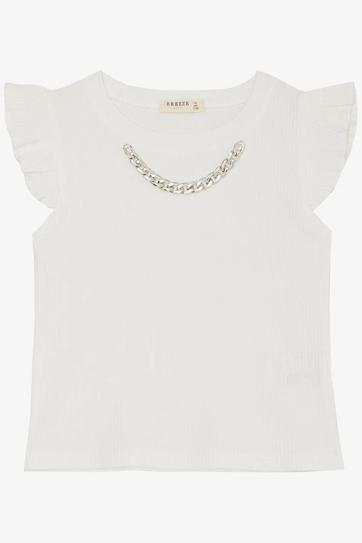 BREEZE Kız Çocuk Tişört Kemer Boy Yakası Zincir Aksesuarlı 9-14 Yaş, Ekru