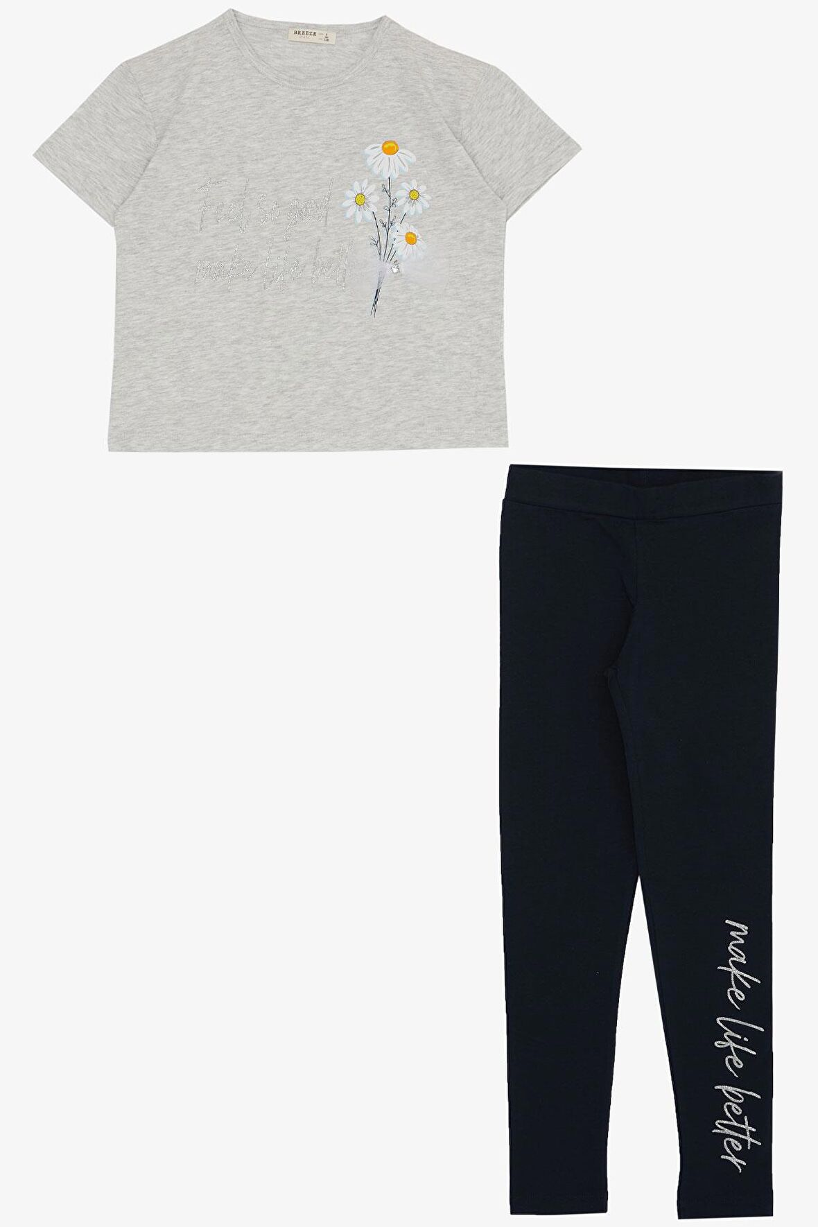 Breeze Kız Çocuk Taytlı Takım Çiçek & Yazı Baskılı Fiyonklu 5-10 Yaş, Açık Gri Melanj