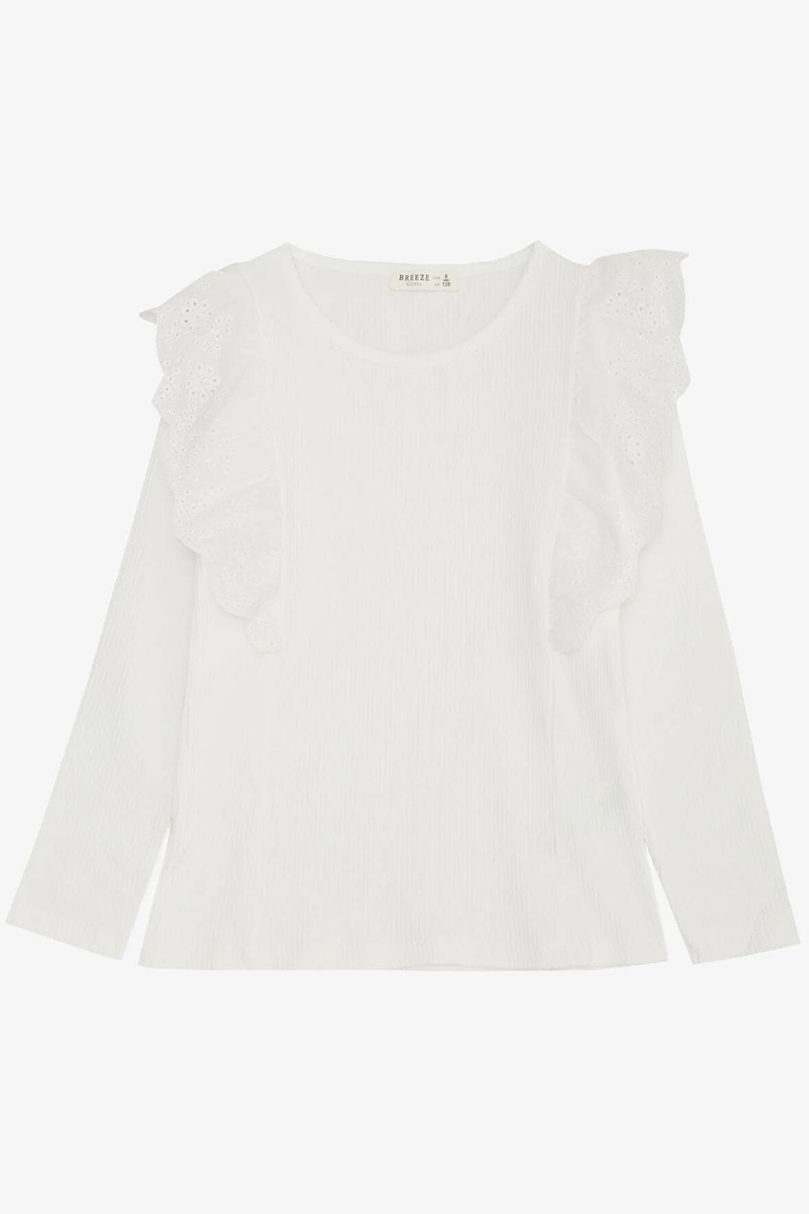 Breeze Kız Çocuk Uzun Kollu Bluz Güpür Çiçek Nakışlı 8-12 Yaş, Ekru