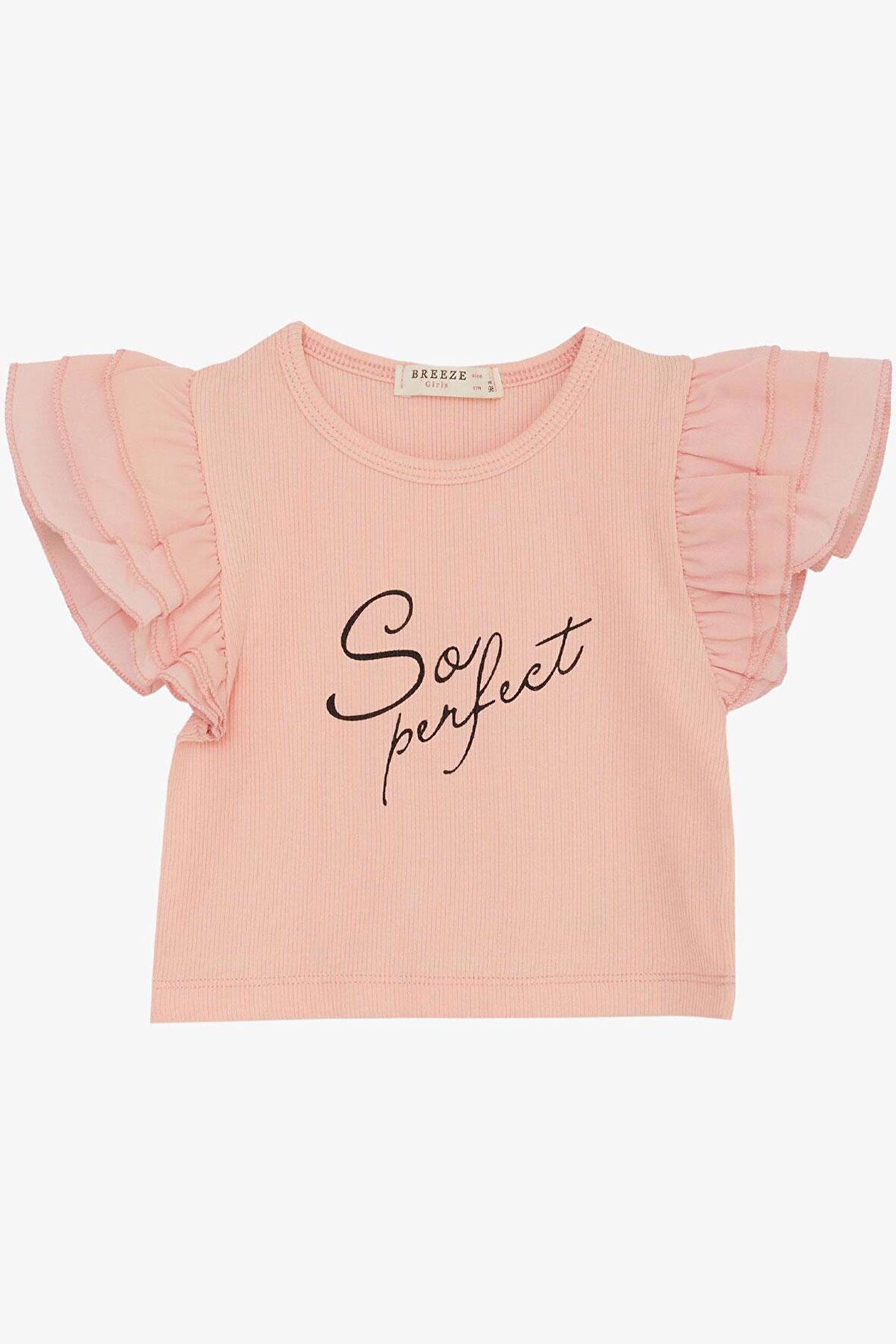 Breeze Kız Çocuk Tişört Kemer Boy Kolları Krep Kumaş Fırfırlı 3-7 Yaş, Somon