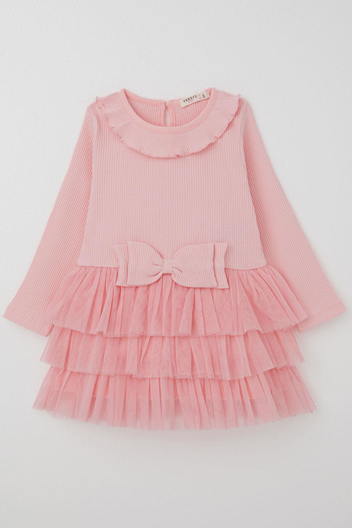 Breeze Kız Çocuk Uzun Kollu Elbise Kat Kat Tüllü Fiyonklu 1.5-5 Yaş, Pembe