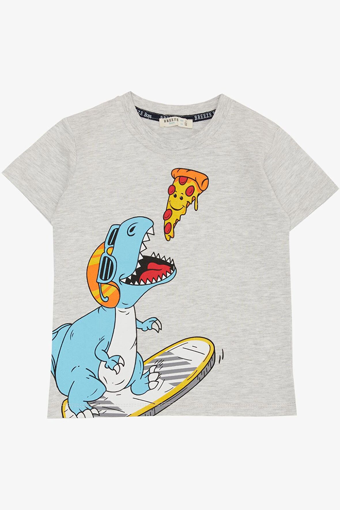 Breeze Erkek Çocuk Tişört Pizza Yiyen Mutlu Dinozor Baskılı 2-6 Yaş, Açık Gri Melanj